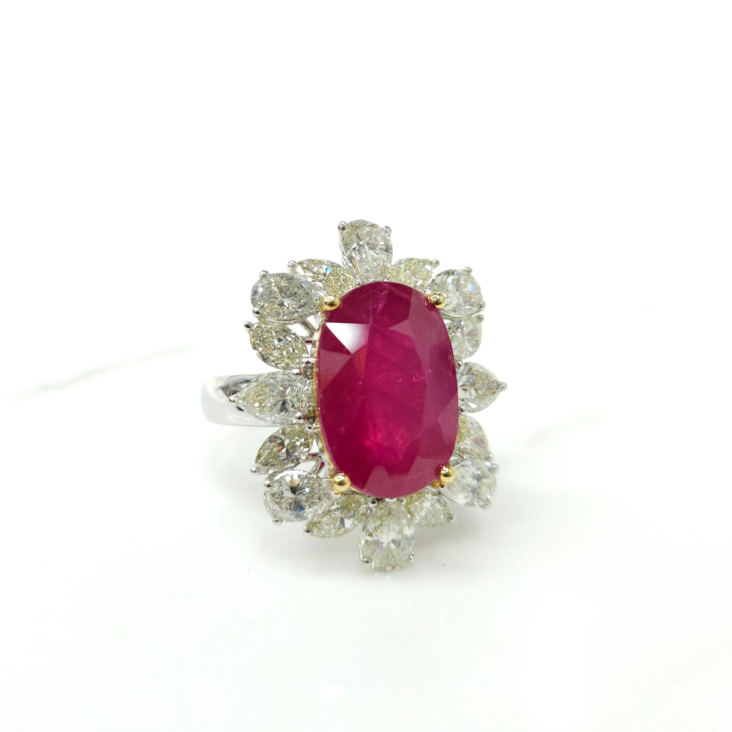 Modern IGI Certified 8.31 Carat No Heat Burmese Ruby & Diamond Ring in 18K White Gold For Sale