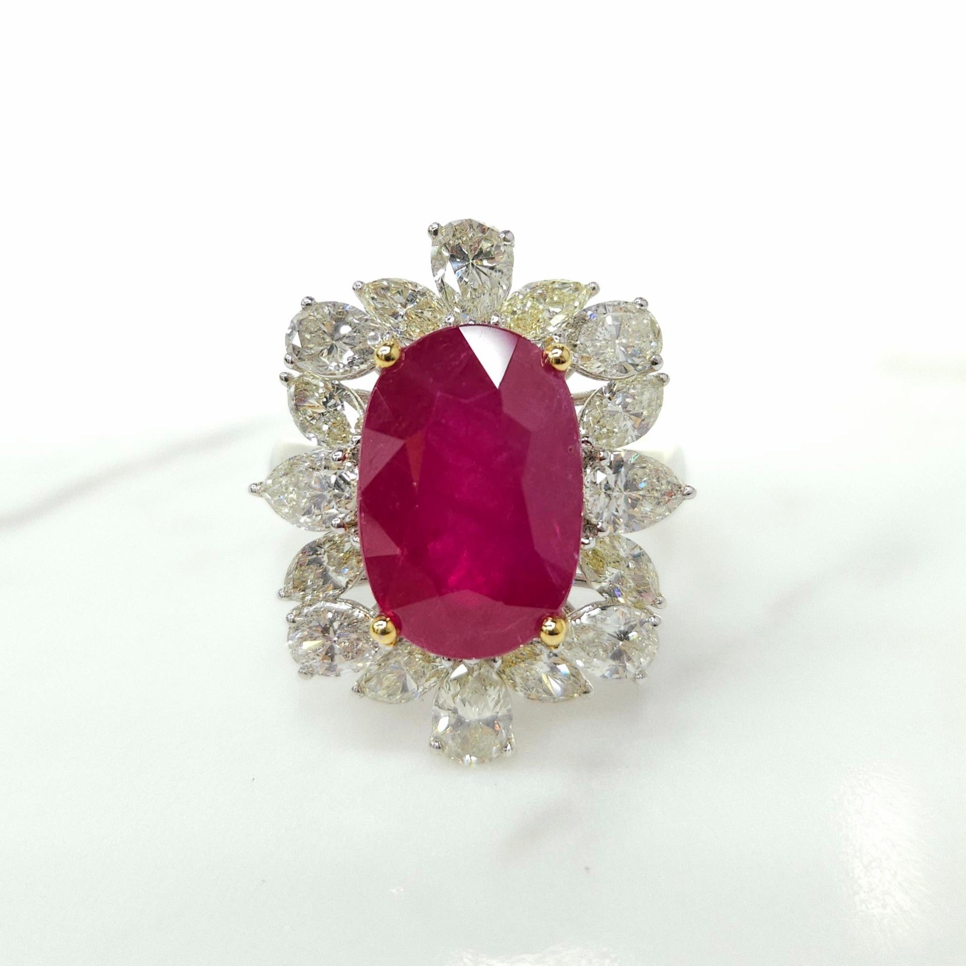 Oval Cut IGI Certified 8.31 Carat No Heat Burmese Ruby & Diamond Ring in 18K White Gold For Sale