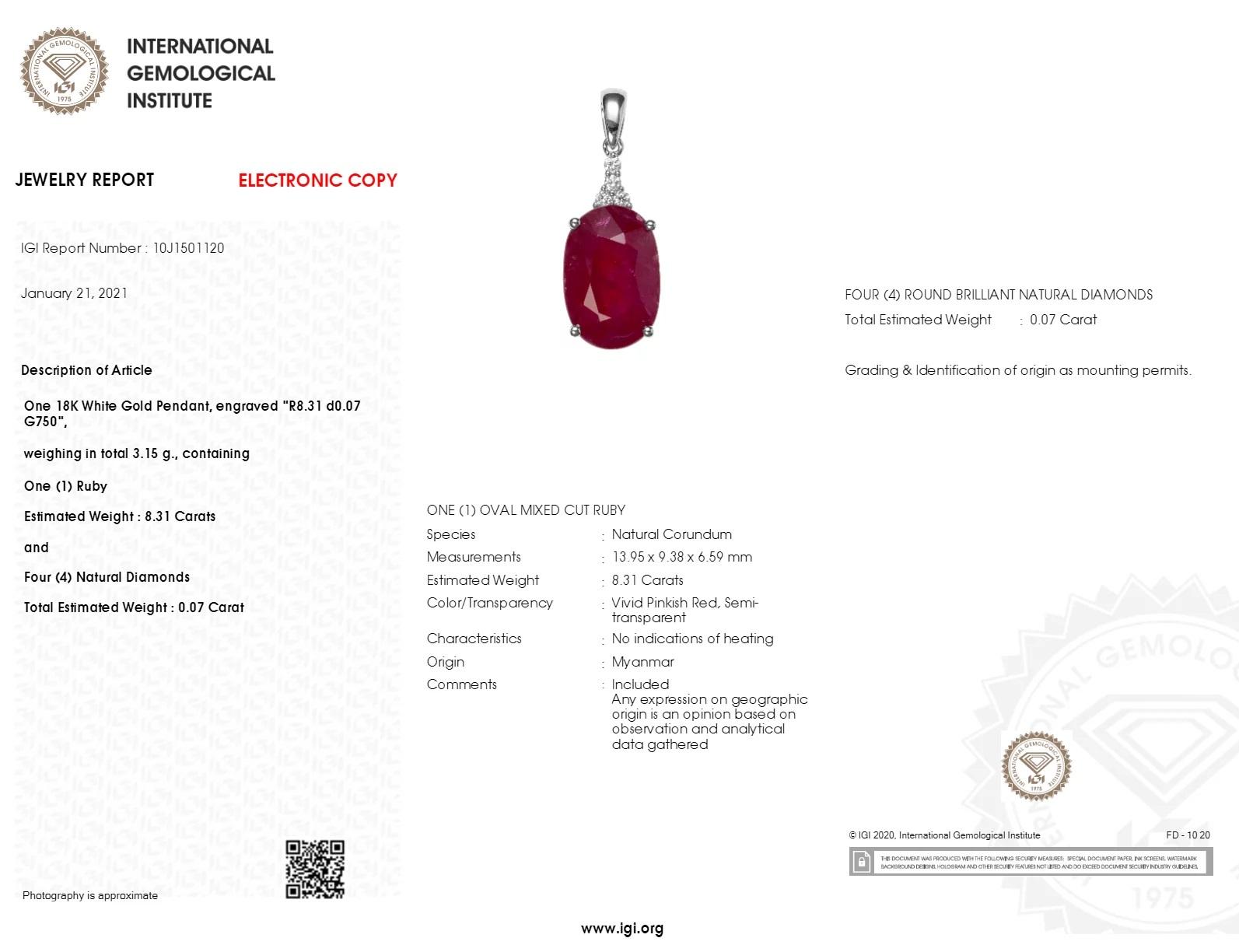 Modern IGI Certified 8.31 Carat No Heat Bruma Ruby & Diamond Pendent in 18K White Gold For Sale