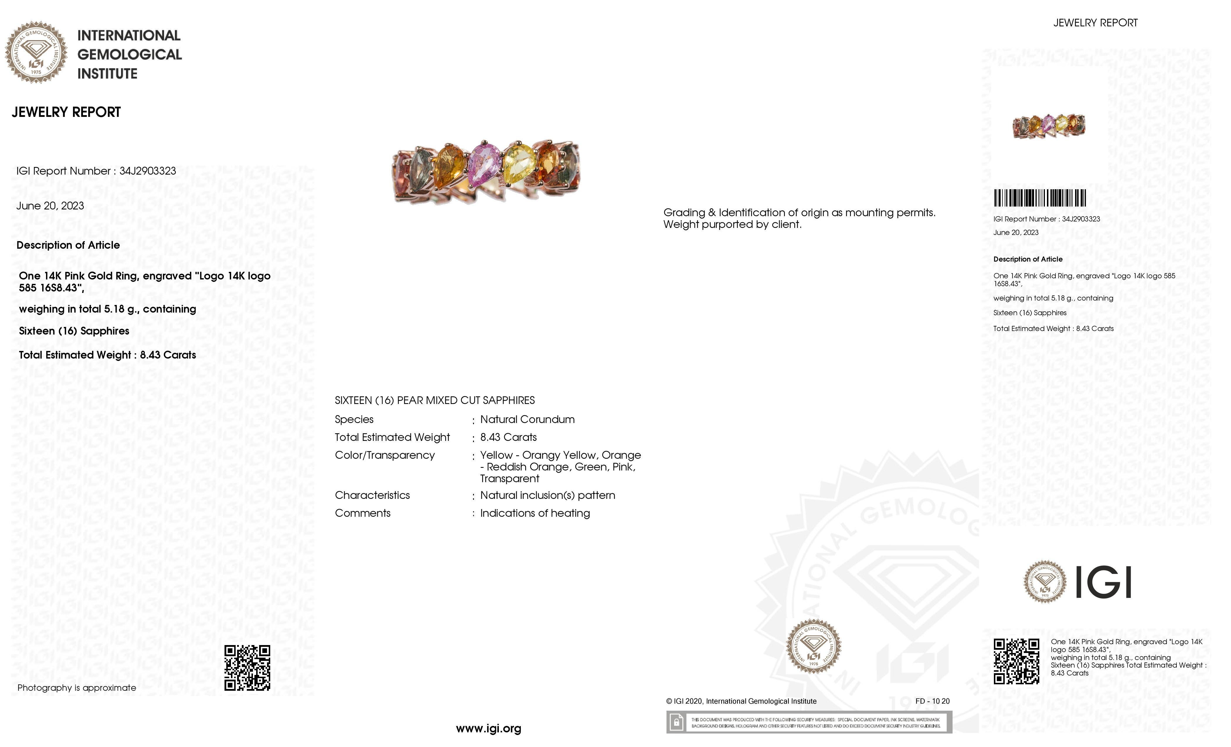 Bague en or rose 14 carats avec saphirs naturels certifiés IGI de 8,43 carats en vente 2