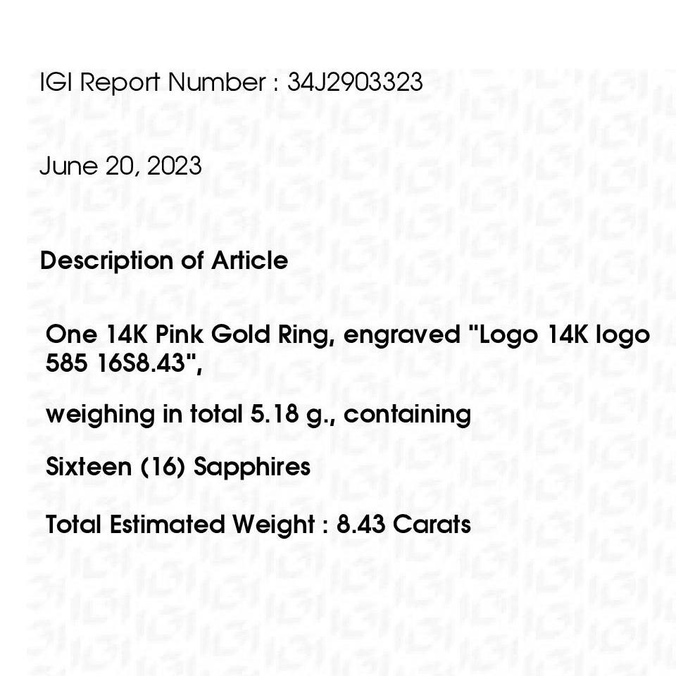 IGI Certified 8.43ct Natural Sapphires 14K Pink Gold Ring For Sale 4