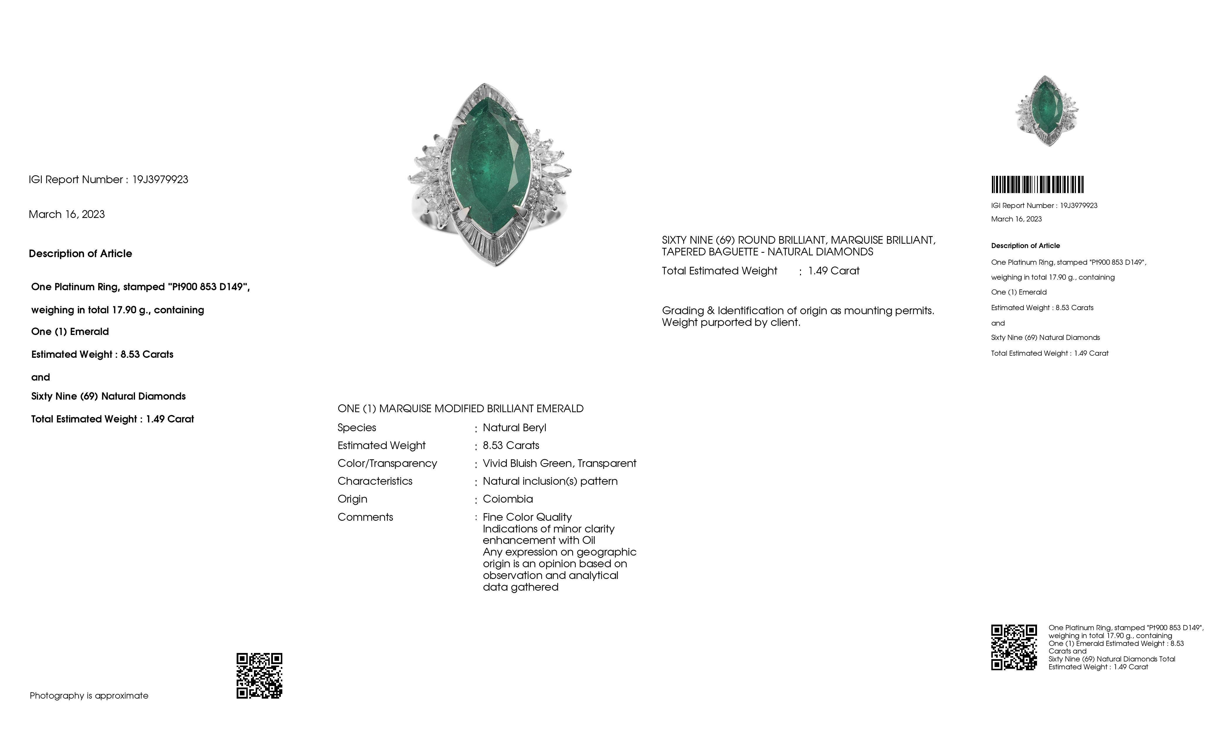 IGI Certified 8.53ct Fine Vivid Colombia Emerald 1.49ct Diamonds Platinum Ring For Sale 2