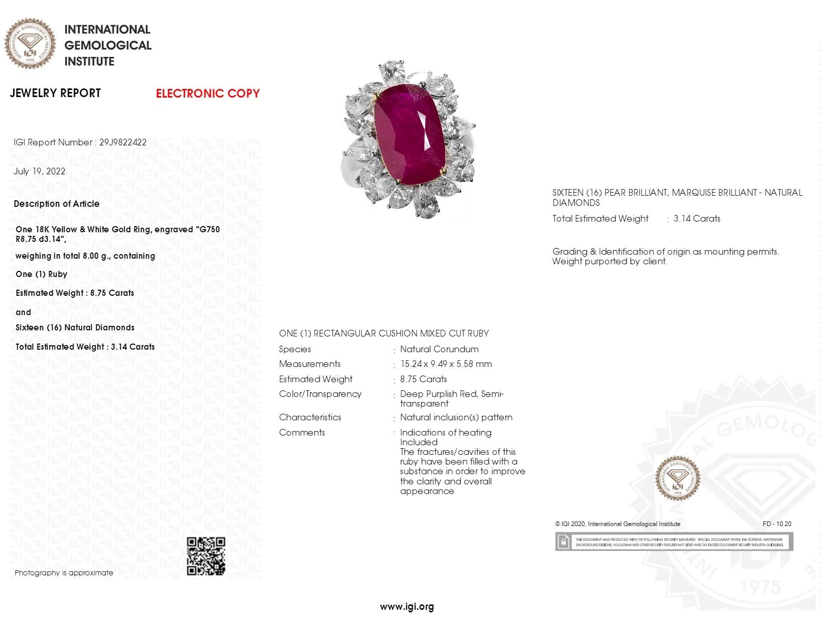 Modern IGI Certified 8.75 Carat Ruby & 3.14 Carat Diamond Ring in 18K White Gold For Sale