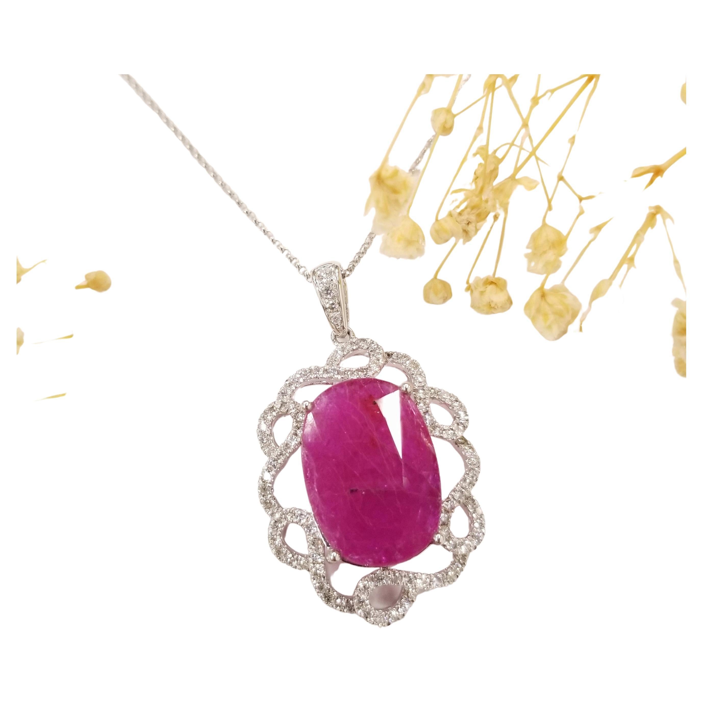 Modern IGI Certified 8.88 Carat Unheated Red Ruby & Diamond Pendent in 18K White Gold For Sale