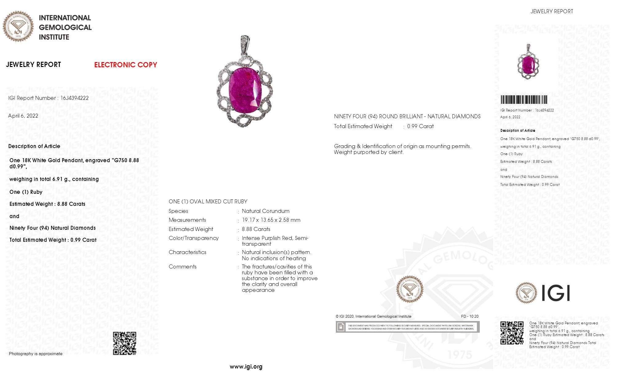IGI Certified 8.88 Carat Unheated Red Ruby & Diamond Pendent in 18K White Gold For Sale 2