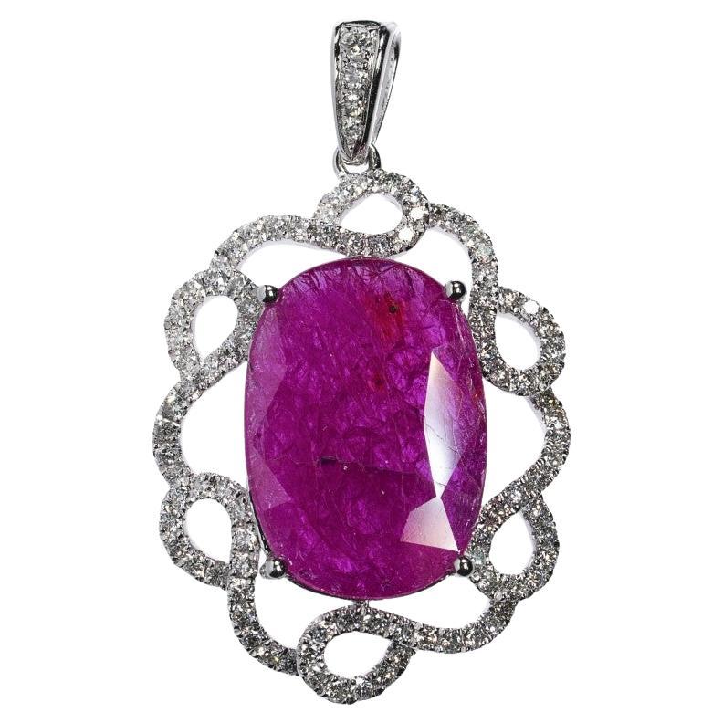 Colgante de oro blanco de 18 quilates con diamantes y rubí rojo no calentado de 8,88 quilates con certificado IGI en venta