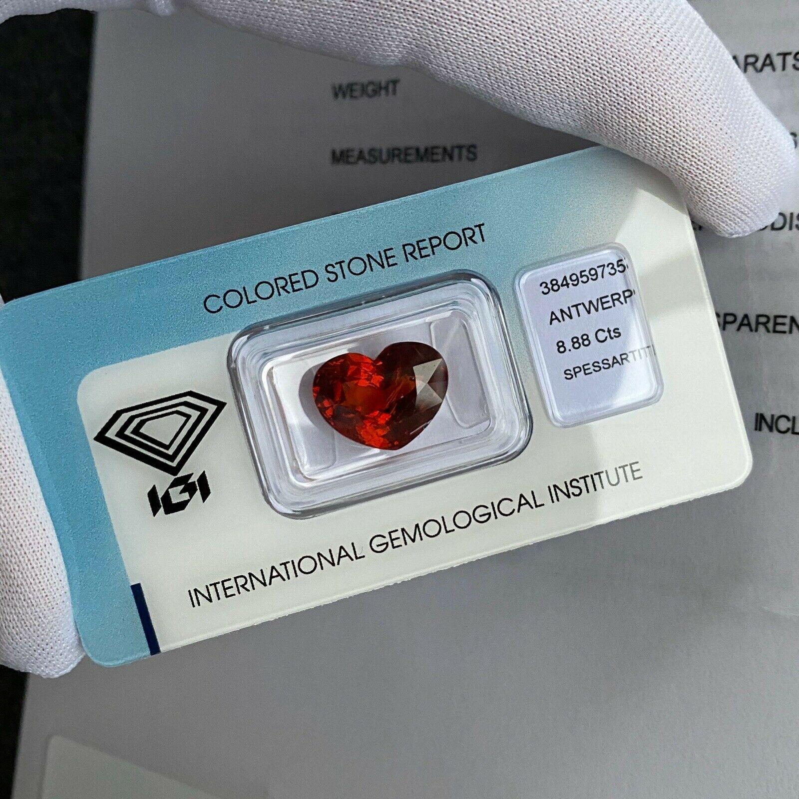 Women's or Men's IGI Certified 8.88ct Deep Red Orange Spessartine Garnet Heart Cut Rare Loose Gem