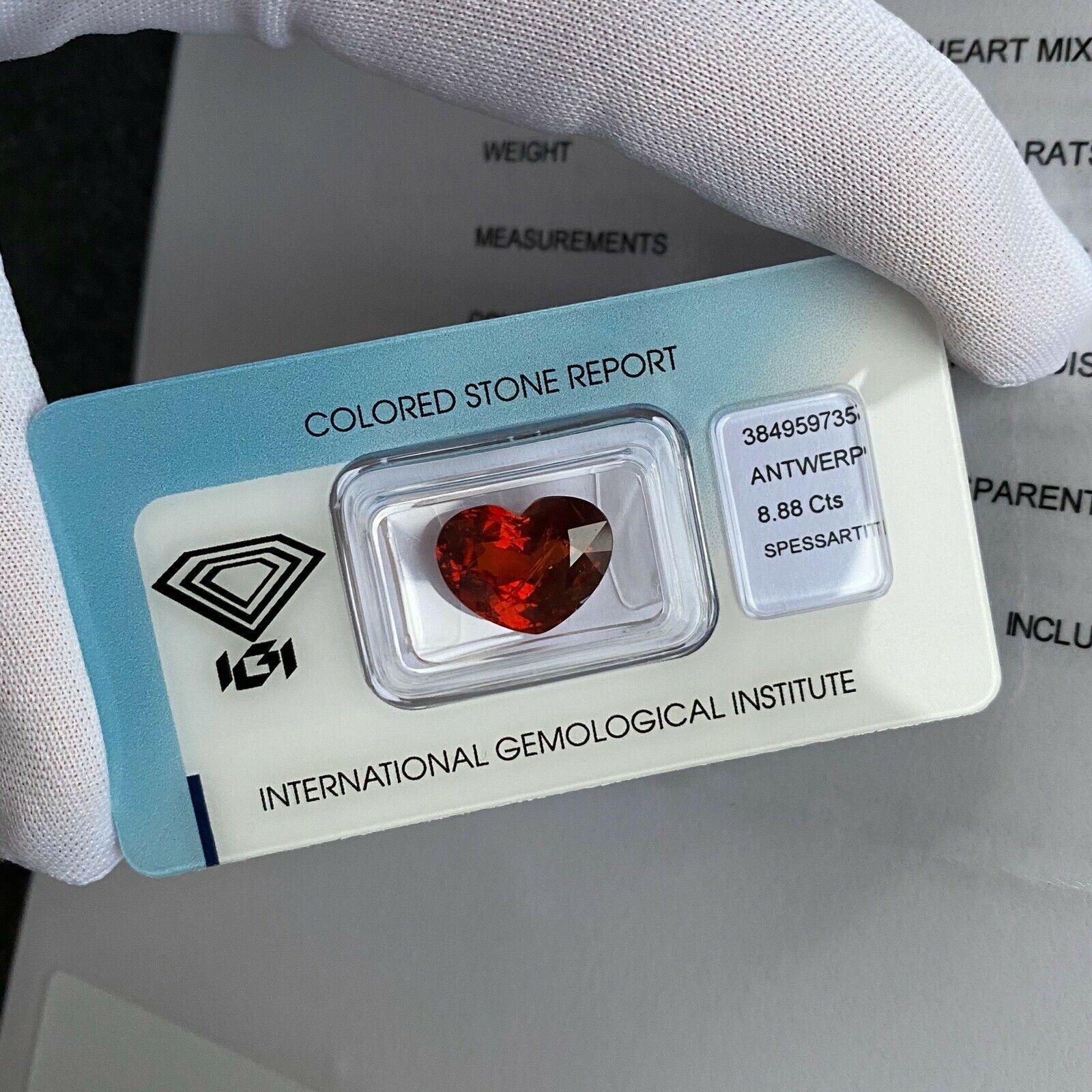 IGI Certified 8.88ct Deep Red Orange Spessartine Garnet Heart Cut Rare Loose Gem 1