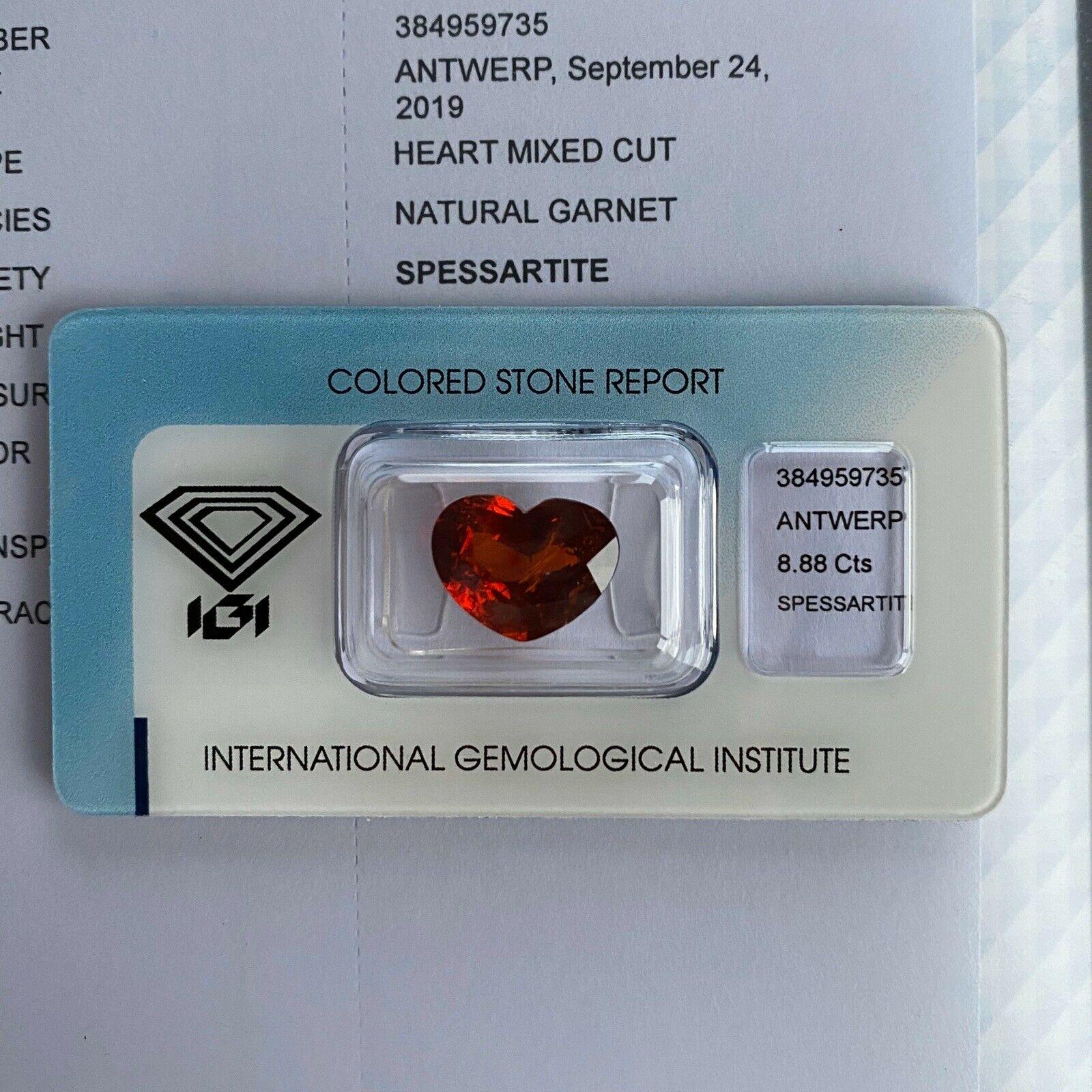 IGI Certified 8.88ct Deep Red Orange Spessartine Garnet Heart Cut Rare Loose Gem 2