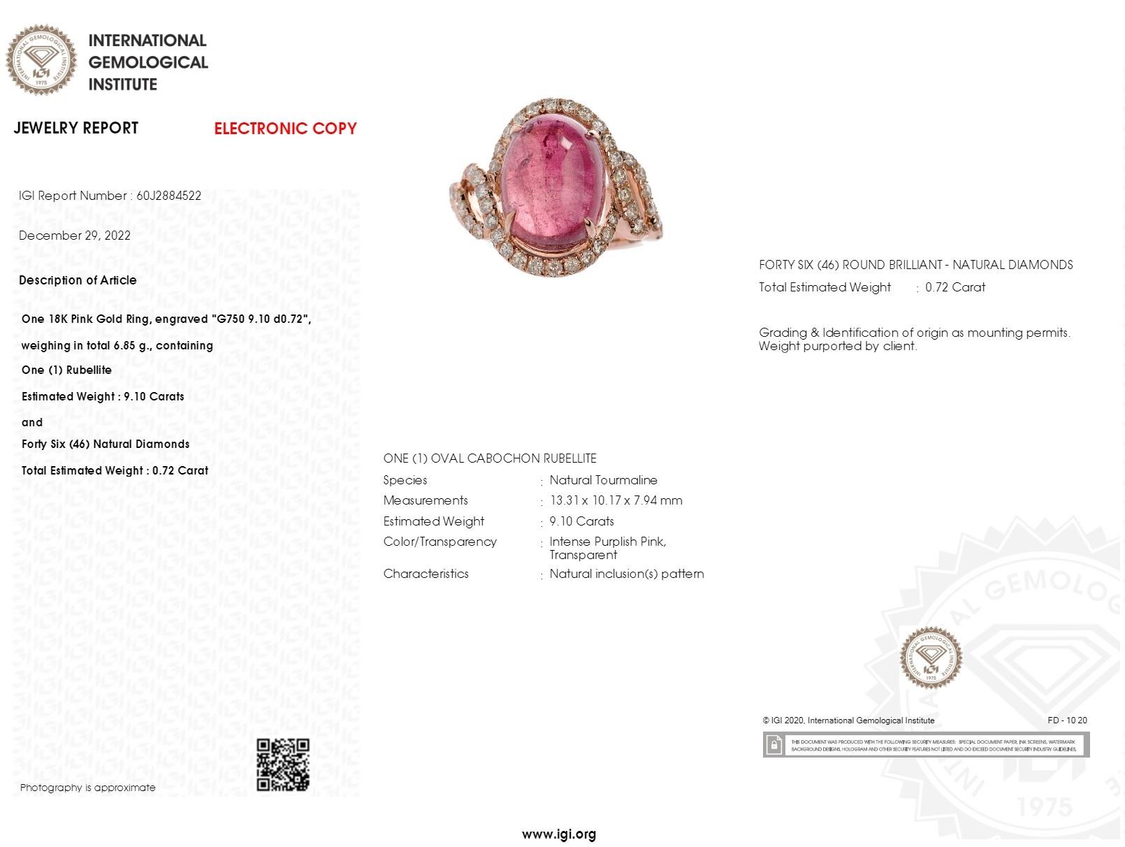 IGI Certified  9.10 Carat Tourmaline & Diamond Ring in 18K Rose Gold For Sale 3