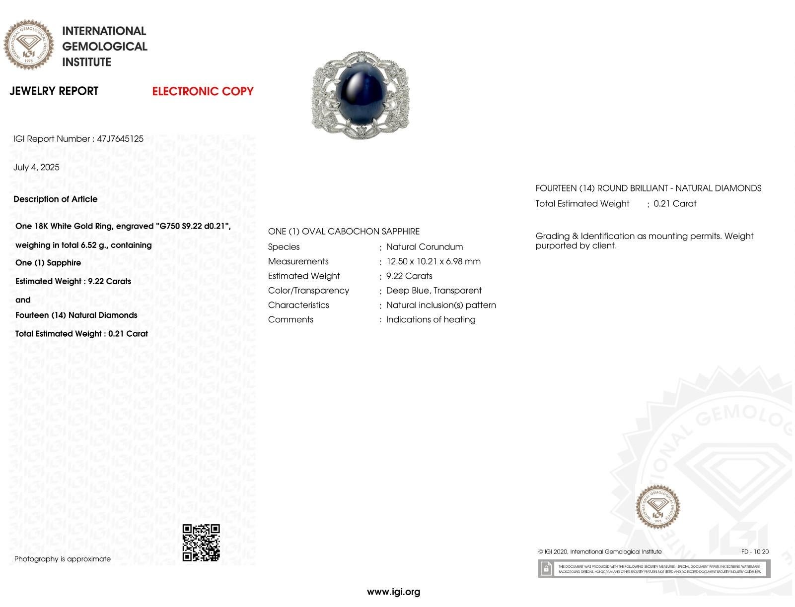Anillo de zafiro y diamantes de oro blanco de 18 quilates con certificado IGI de 9,22 quilates en venta 6