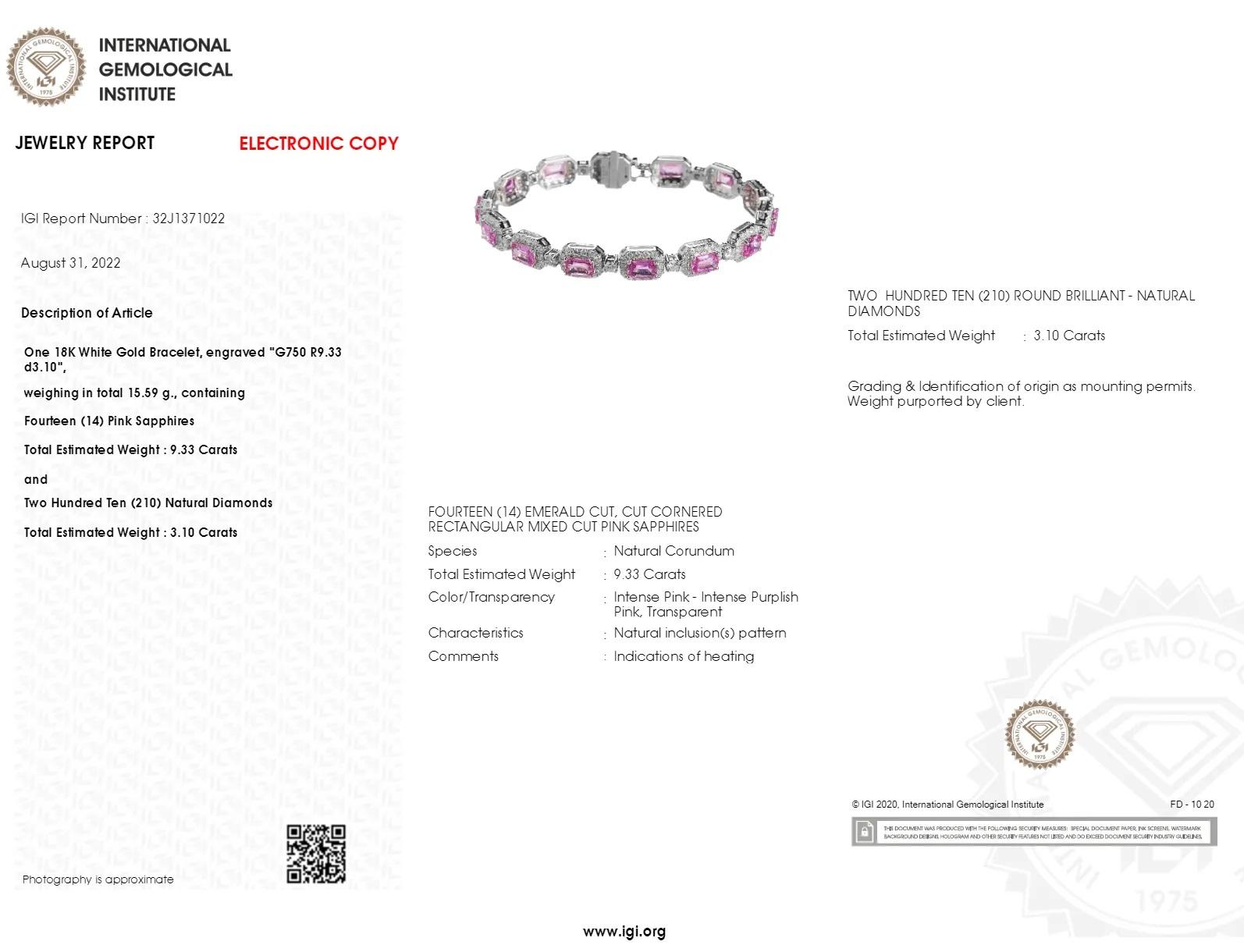 This unique, brilliant and exceptional bracelet features a spectacular pink sapphires is designed by CADMUS in 18K white gold.
Accompanied by a IGI Report, this pink sapphire is certified, which is an extremely rare find for matched pink sapphires