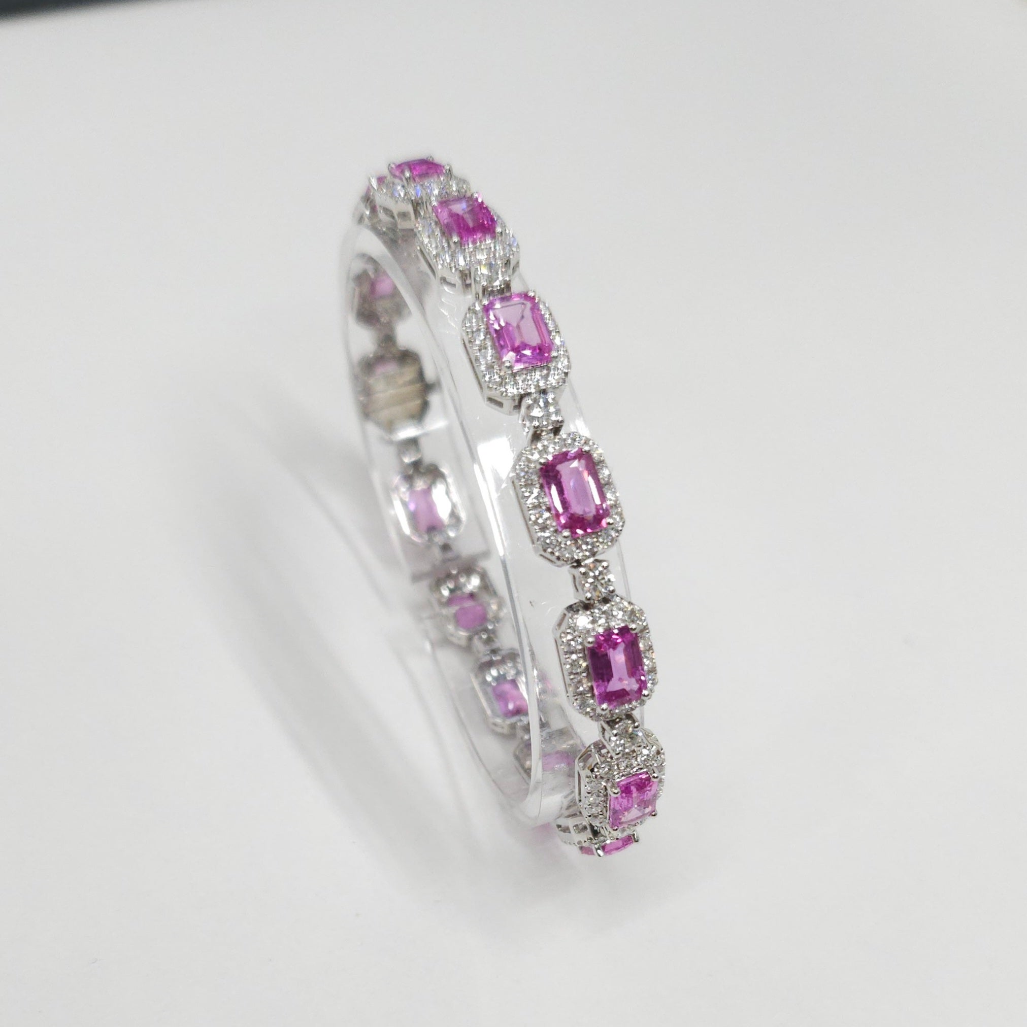 IGI Certified 9.33 Carat Pink Sapphire & Diamond Bracelet in 18K White Gold For Sale