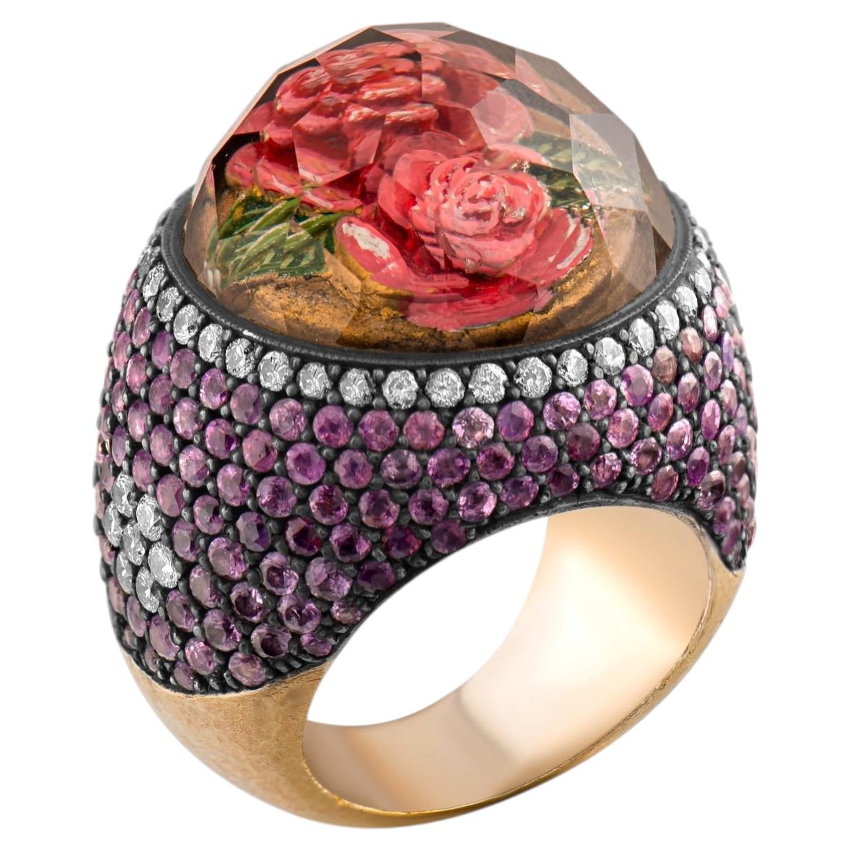 Bague certifiée IGI de 9,35 carats de diamant naturel et d'améthyste à motif de rose