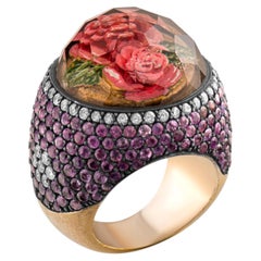 IGI Certified 9.35 Carat Natural Diamond and Amethyst Rose Motif Statement Ring