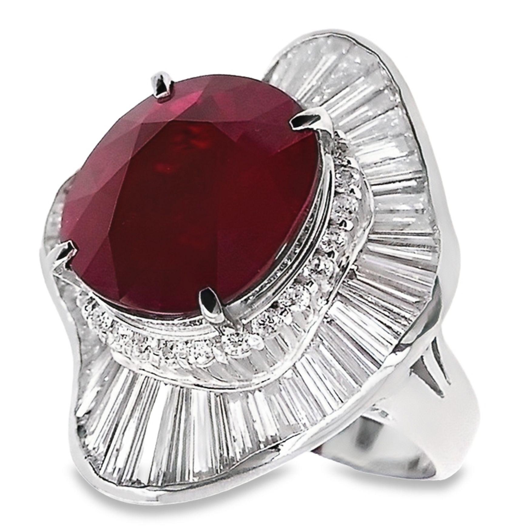 Cushion Cut IGI Certified 9.39ct Natural Burma Ruby and 3.93ct Natural Diamond Platinum Ring For Sale