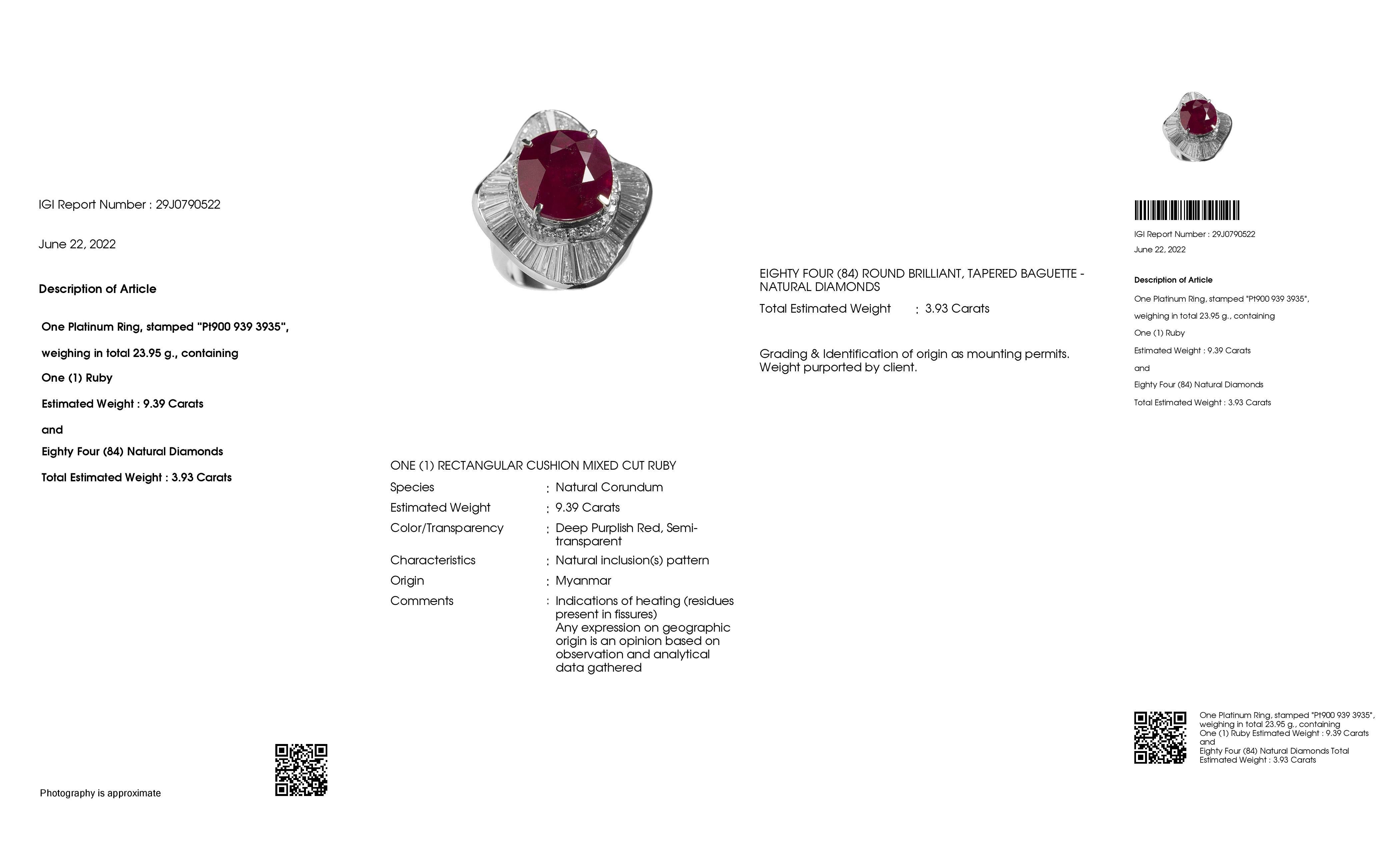 IGI Certified 9.39ct Natural Burma Ruby and 3.93ct Natural Diamond Platinum Ring In New Condition For Sale In Hong Kong, HK