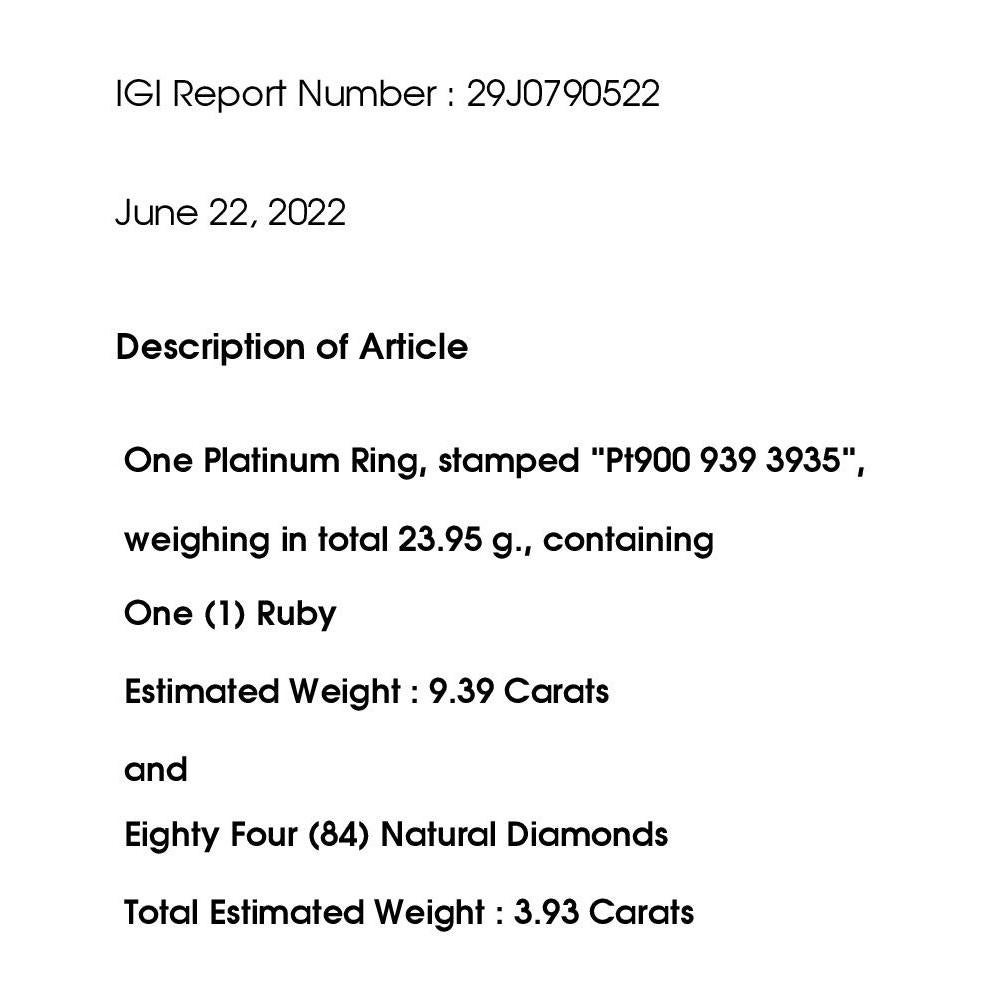 IGI Certified 9.39ct Natural Burma Ruby and 3.93ct Natural Diamond Platinum Ring For Sale 1