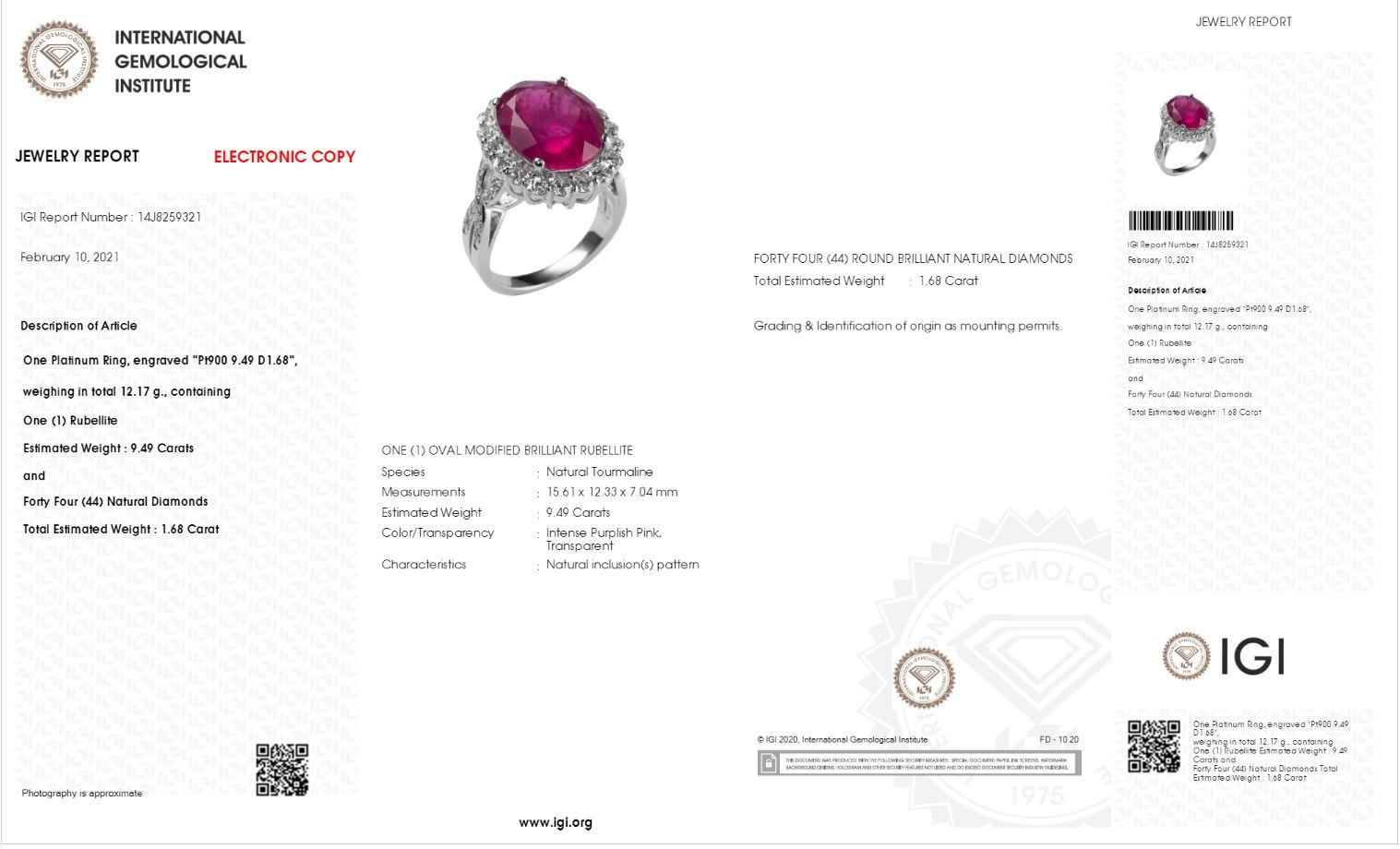 Women's IGI Certified 9.49 Carat Brazilian Rubellite and Diamond Ring