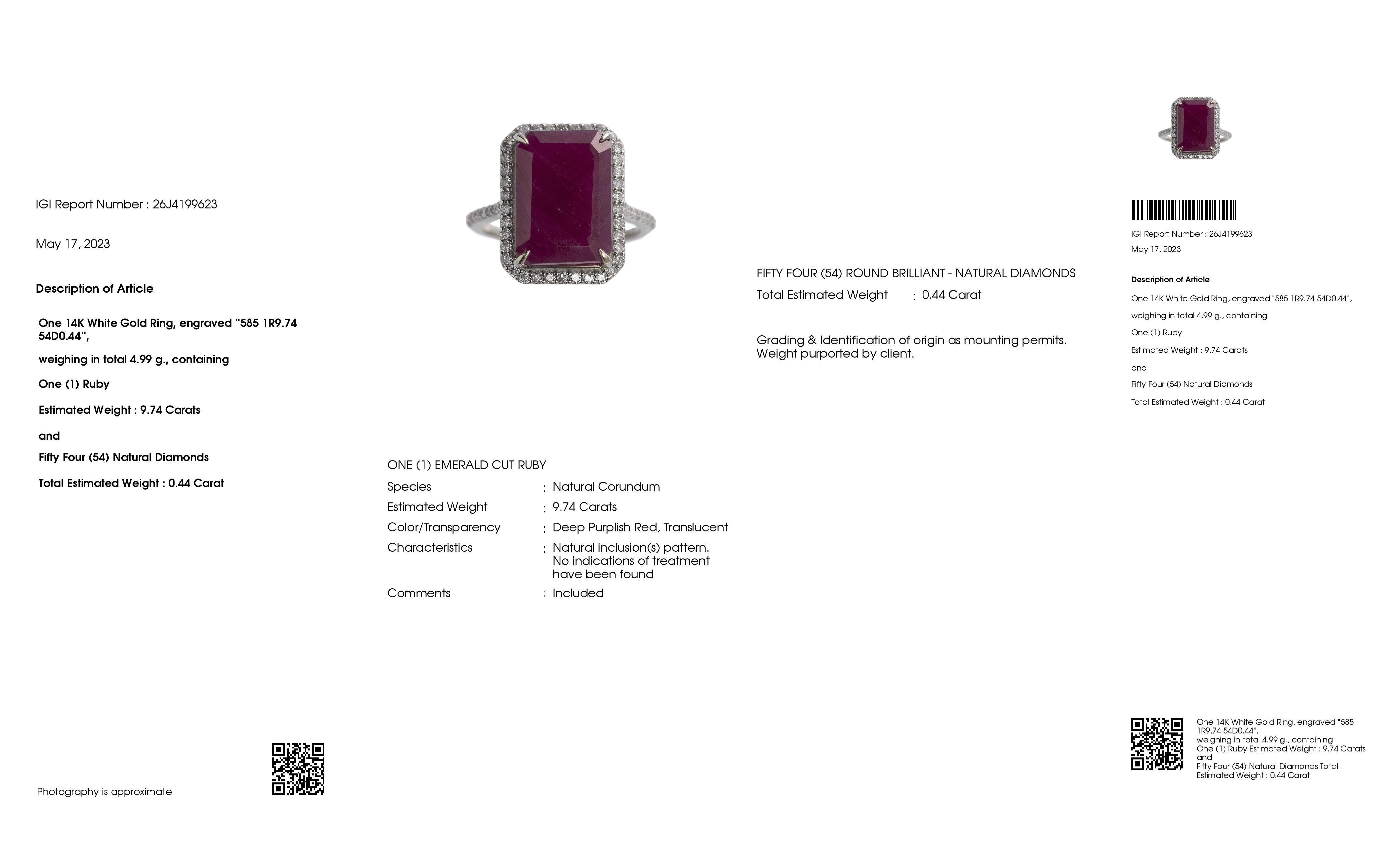 IGI Certified 9.74ct Not-treated Ruby and 0.44ct Diamonds 14k White Gold Ring For Sale 2