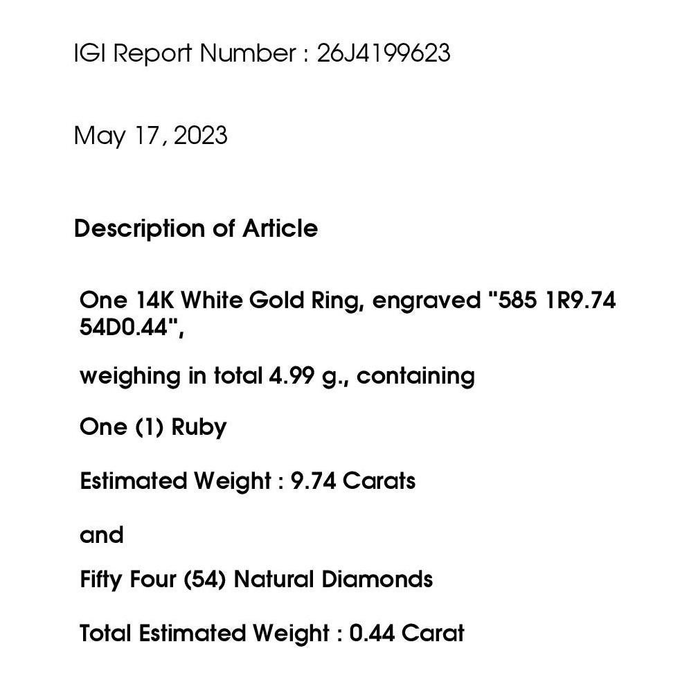 IGI Certified 9.74ct Not-treated Ruby and 0.44ct Diamonds 14k White Gold Ring For Sale 4