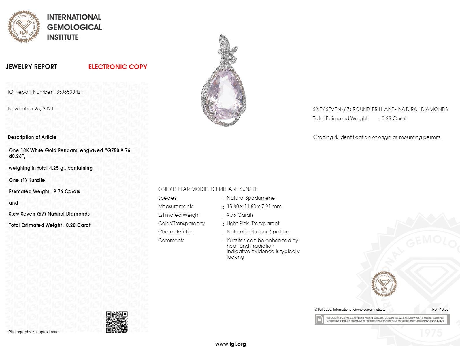 IGI-zertifizierter 9,76 Karat Kunzit- und Diamant-Anhänger aus 18 Karat Weißgold (Moderne) im Angebot