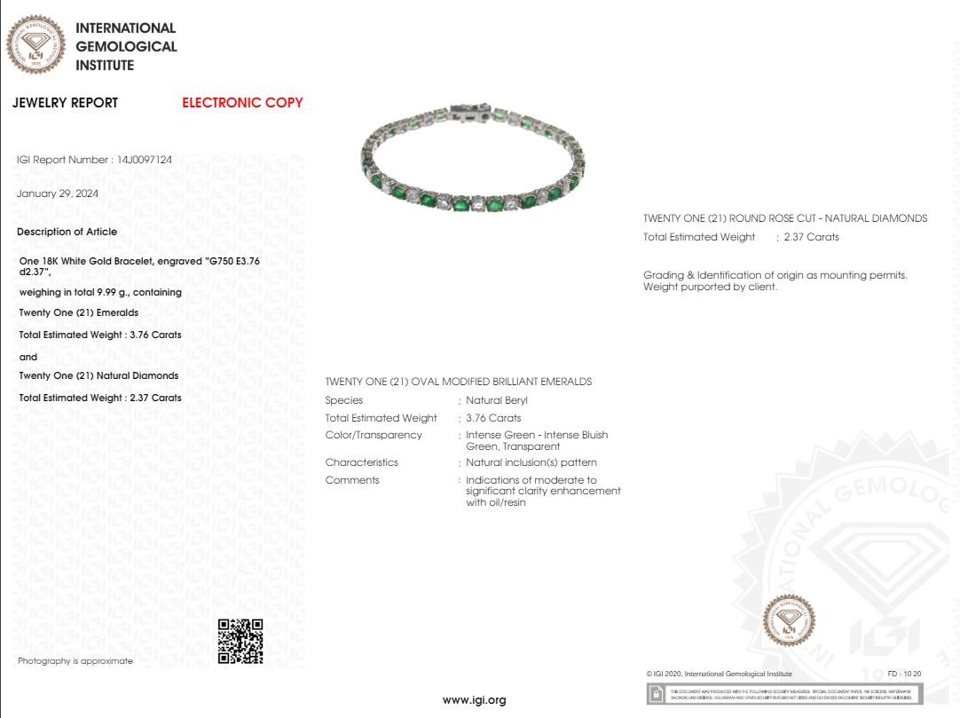 Bracciale alternato con smeraldo da 3,76 carati e diamante da 2,37 carati in oro 18 carati certificato IGI in vendita 2