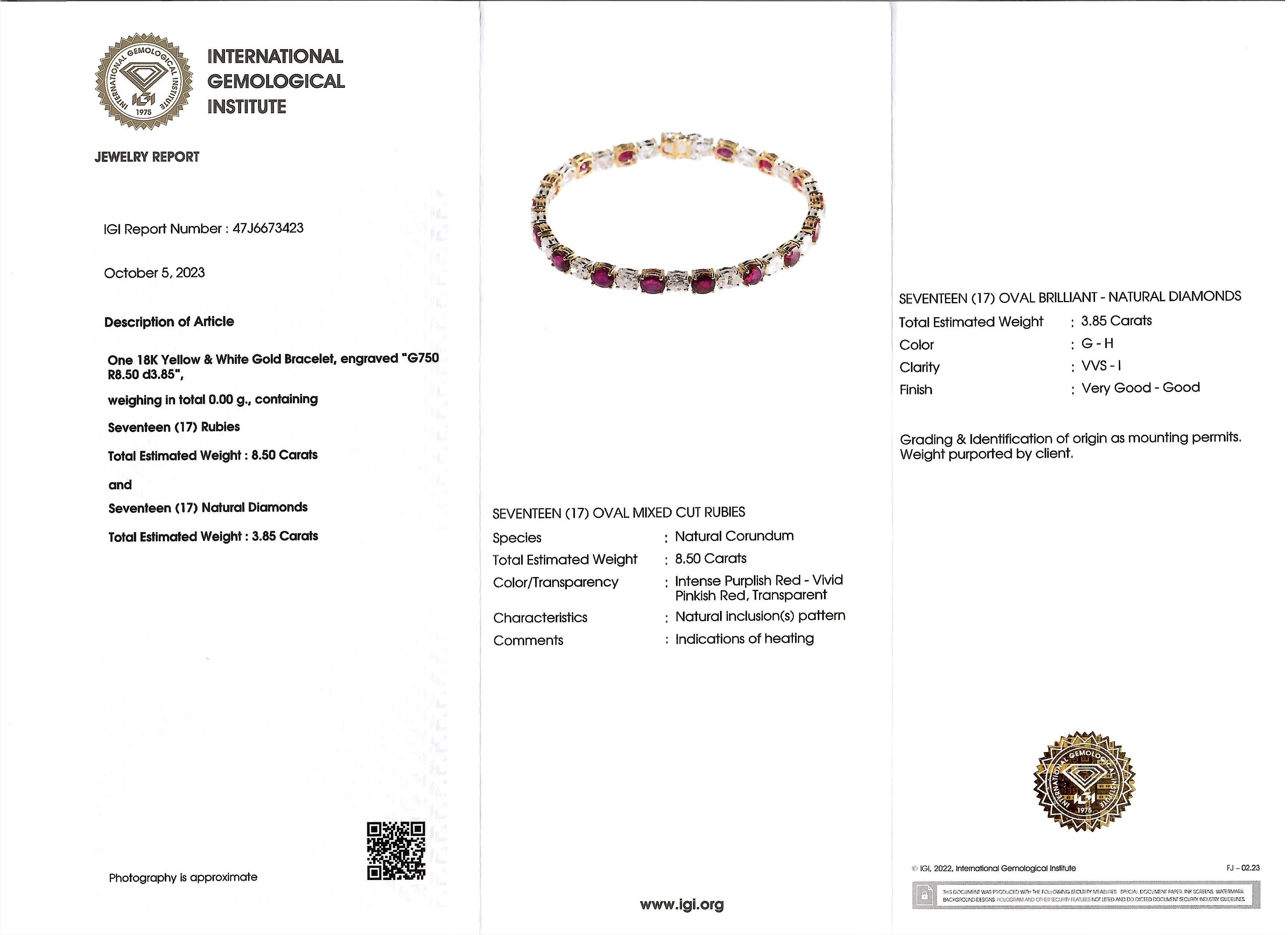 IGI Certified Alternating 5.50 Ct Ruby & 3.85 Ct Diamond Bracelet in 18K Gold In New Condition For Sale In KOWLOON, HK