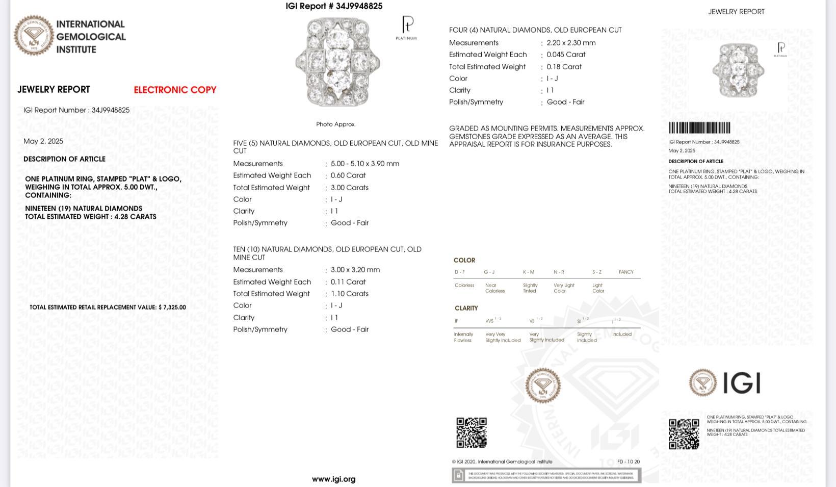 Title:
Platinum Antique Ring with 4.28 Carats of Old Cut Diamonds, Size 8

Description:

This elegant platinum ring, stamped “PLAT” with maker’s logo, features a vintage-inspired design set with nineteen (19) natural diamonds totaling approximately