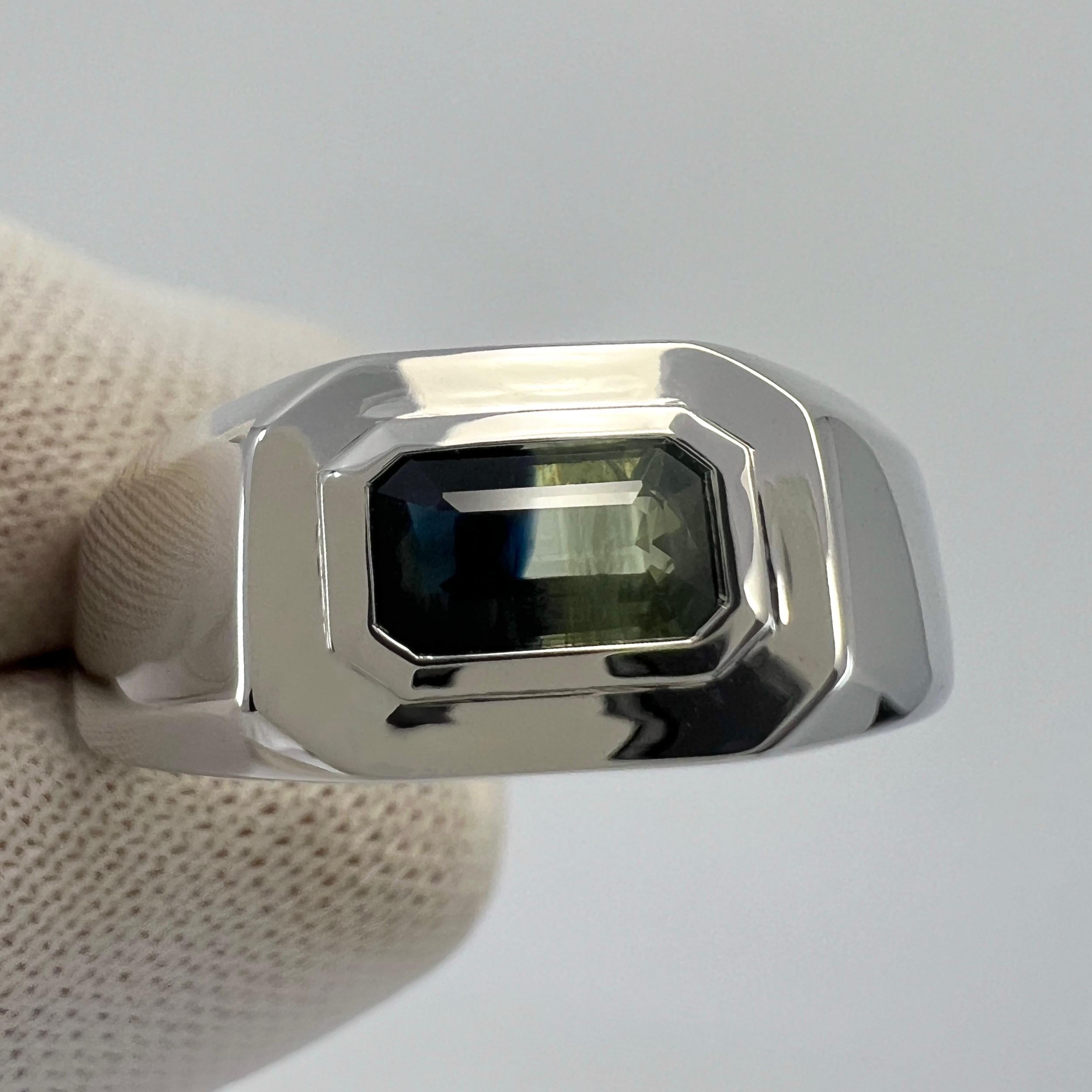 IGI Certified Bi Colour Blue Yellow Sapphire Emerald Cut 18k Gold East West Ring For Sale 1