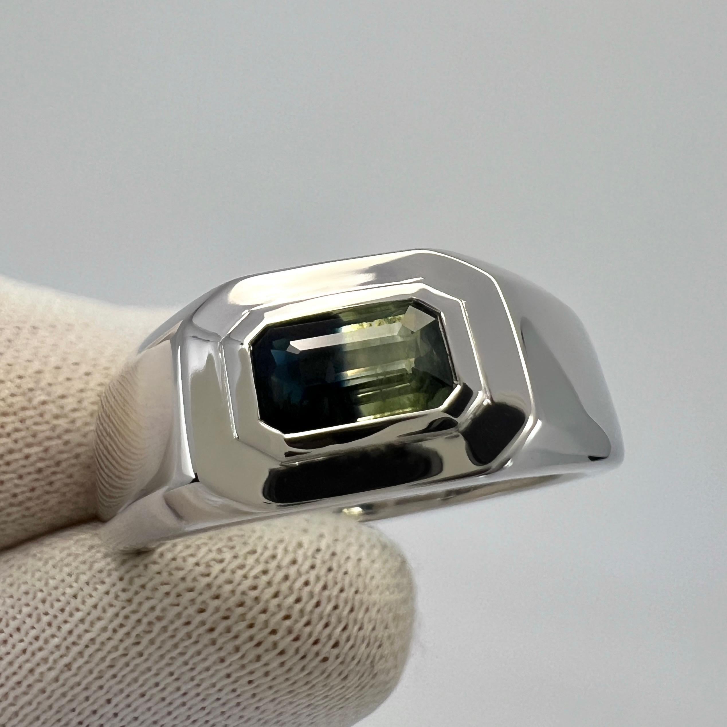IGI Certified Bi Colour Blue Yellow Sapphire Emerald Cut 18k Gold East West Ring For Sale 3