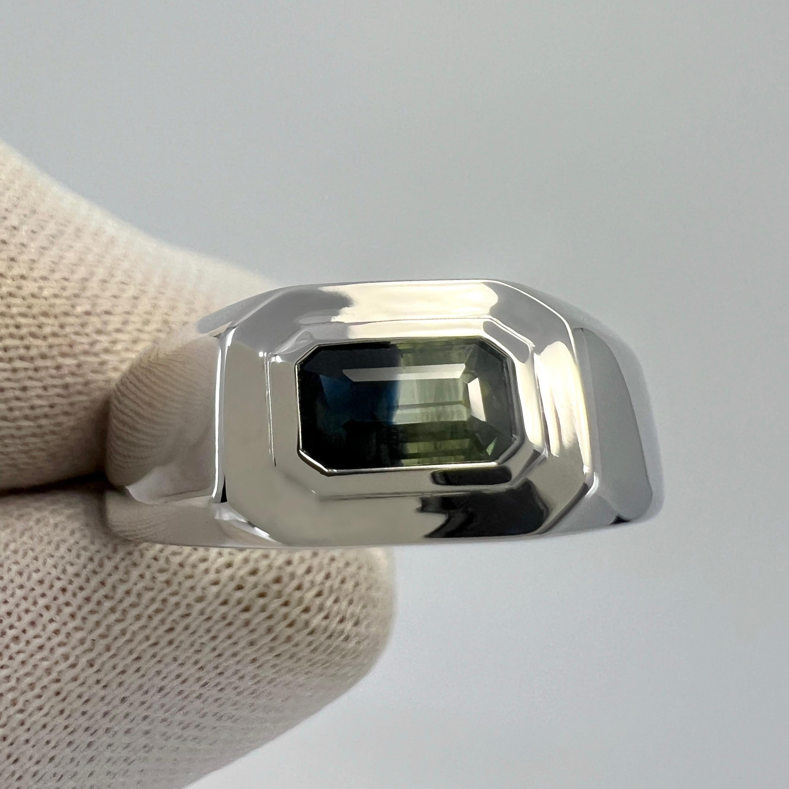 IGI Certified Bi Colour Blue Yellow Sapphire Emerald Cut 18k Gold East West Ring For Sale 5