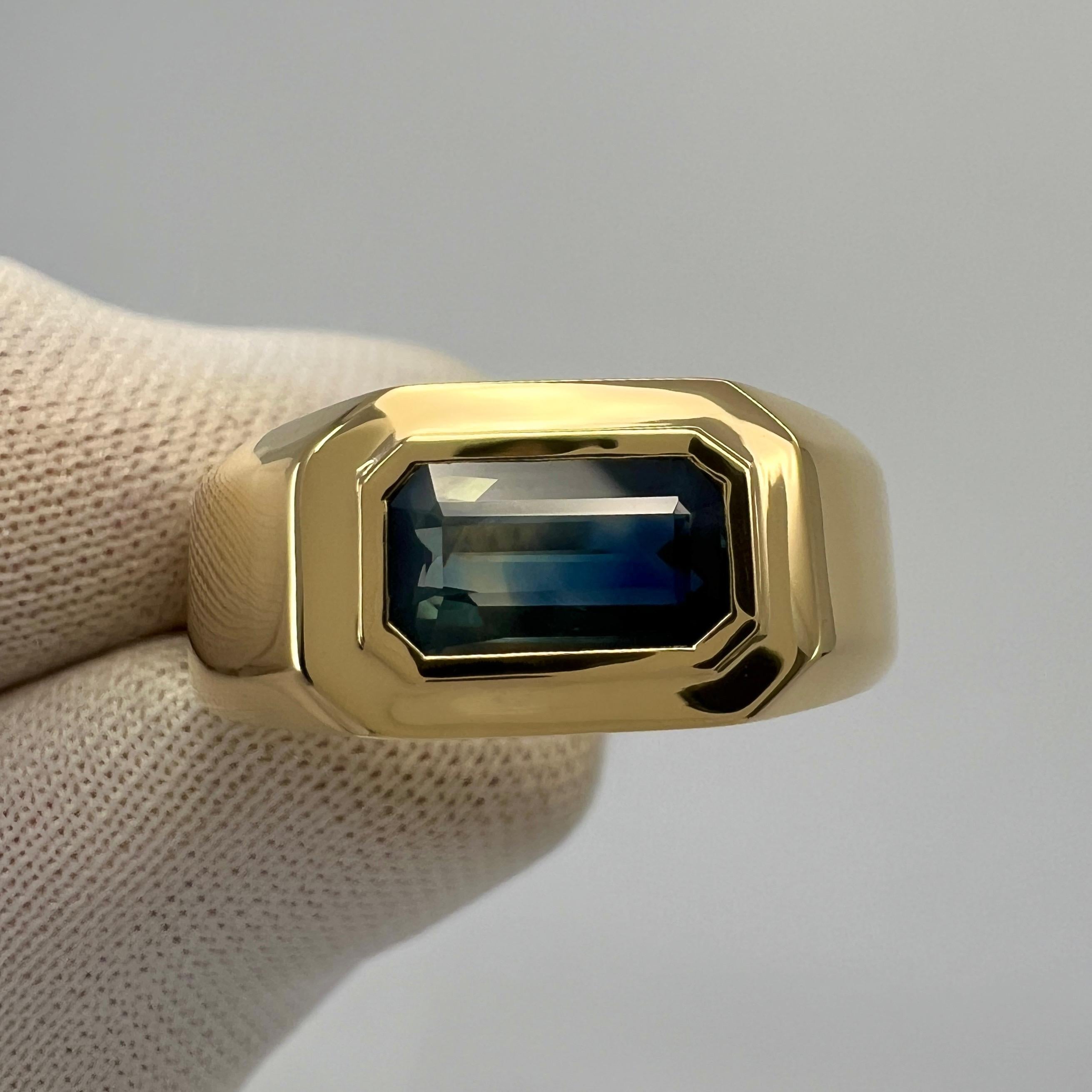 IGI Certified Bi Colour Green Blue Sapphire Emerald Cut 18k Gold East West Ring For Sale 7