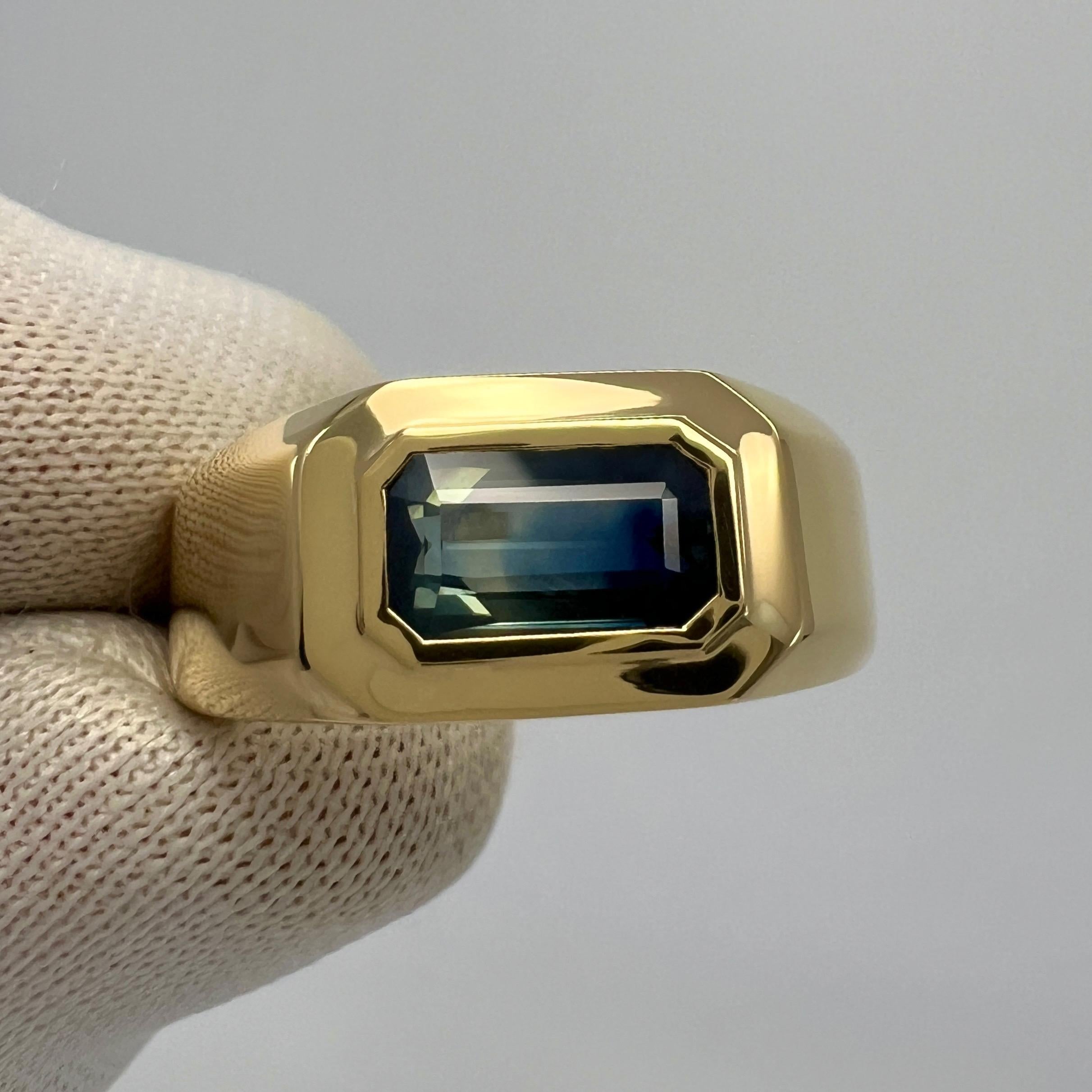 IGI Certified Bi Colour Green Blue Sapphire Emerald Cut 18k Gold East West Ring For Sale 8