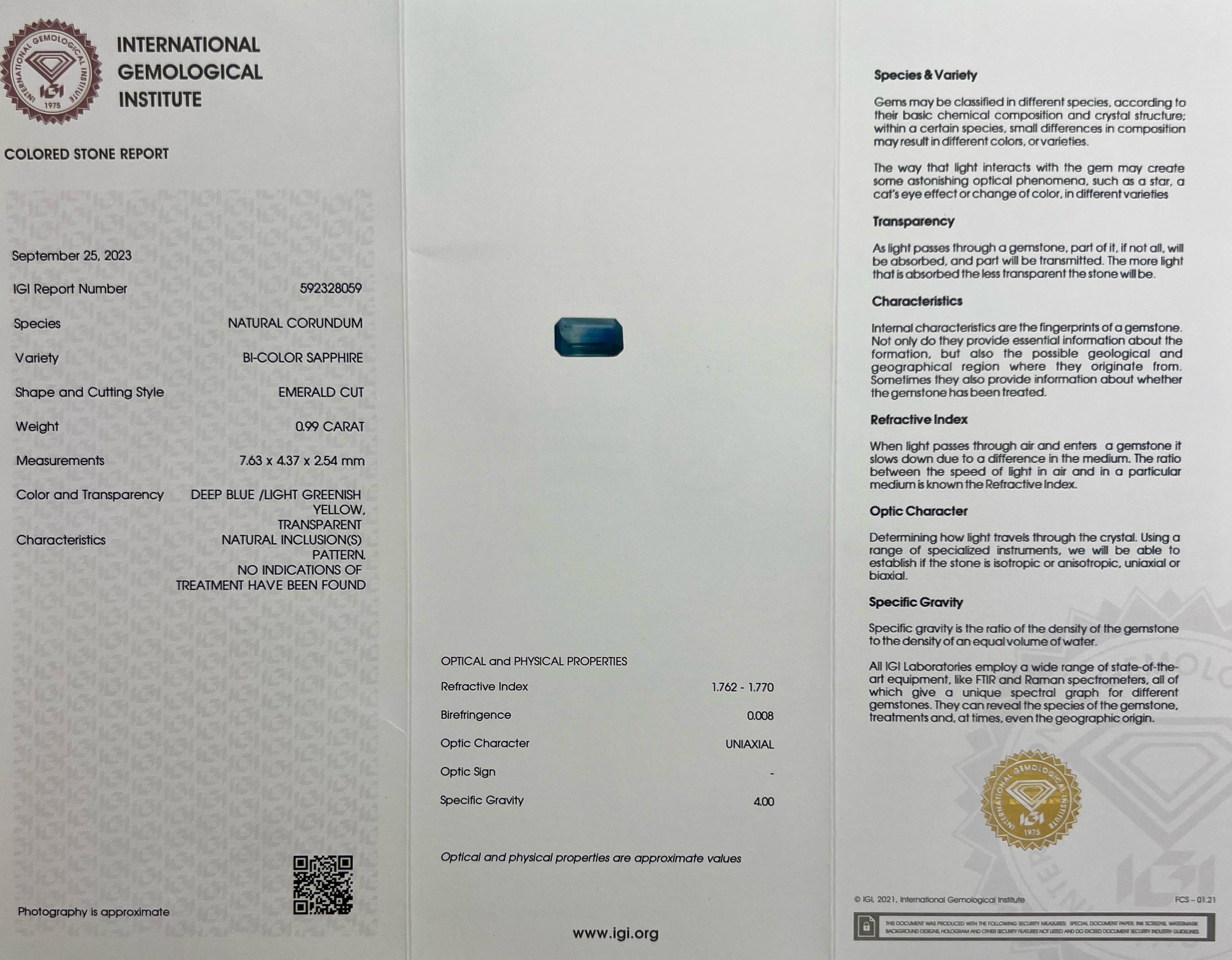 IGI Certified Bi Colour Green Blue Sapphire Emerald Cut 18k Gold East West Ring In New Condition For Sale In Birmingham, GB