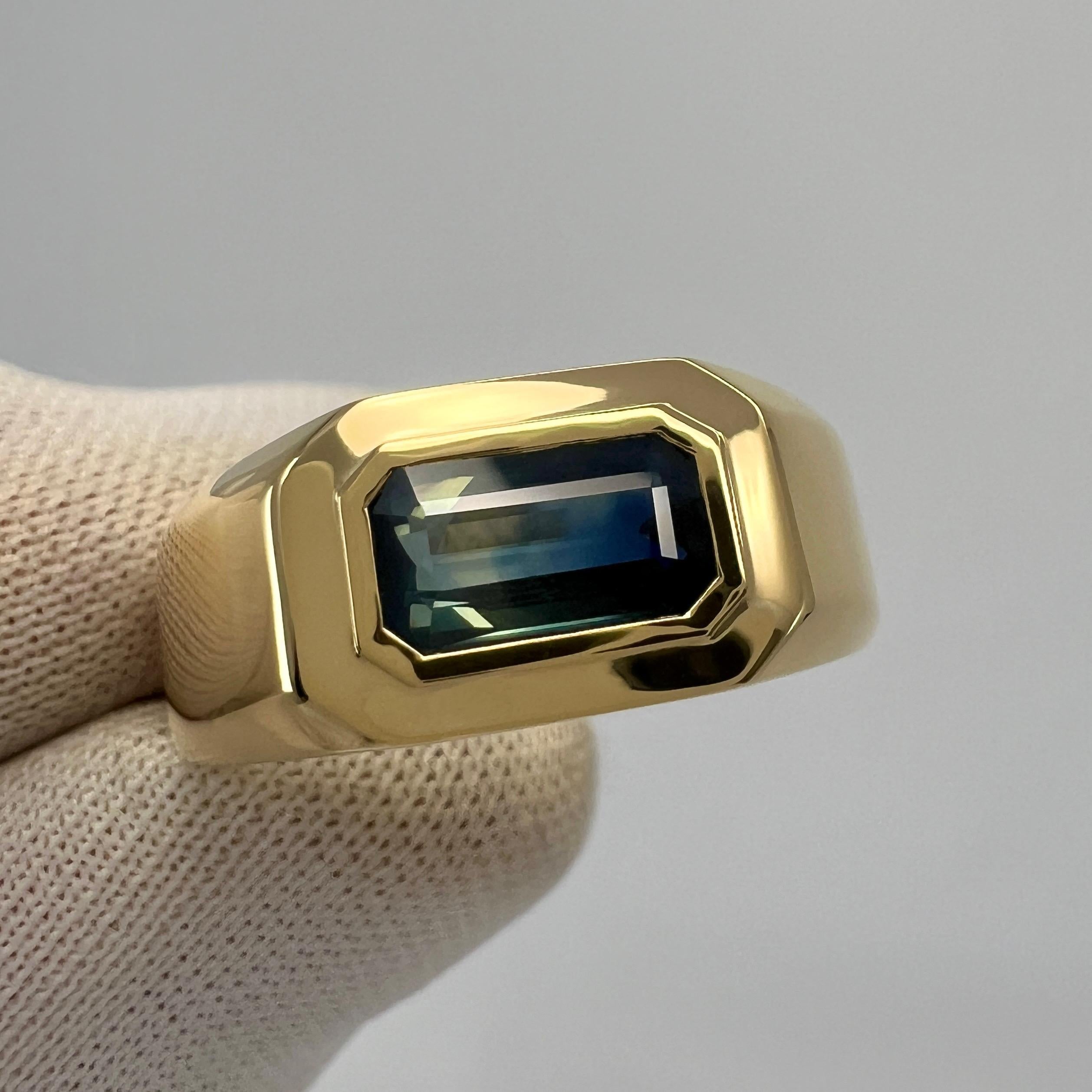Women's or Men's IGI Certified Bi Colour Green Blue Sapphire Emerald Cut 18k Gold East West Ring For Sale