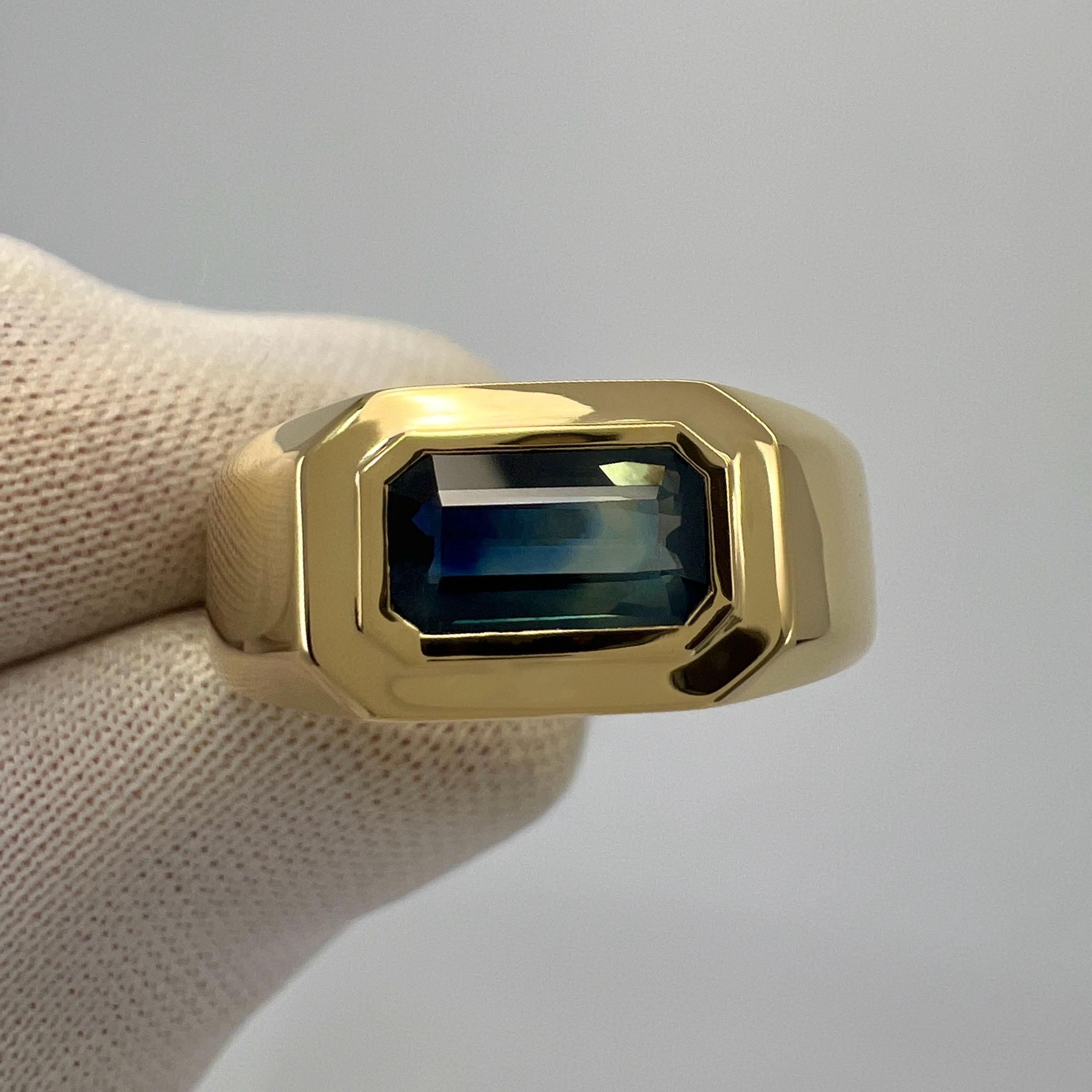IGI Certified Bi Colour Green Blue Sapphire Emerald Cut 18k Gold East West Ring For Sale 2