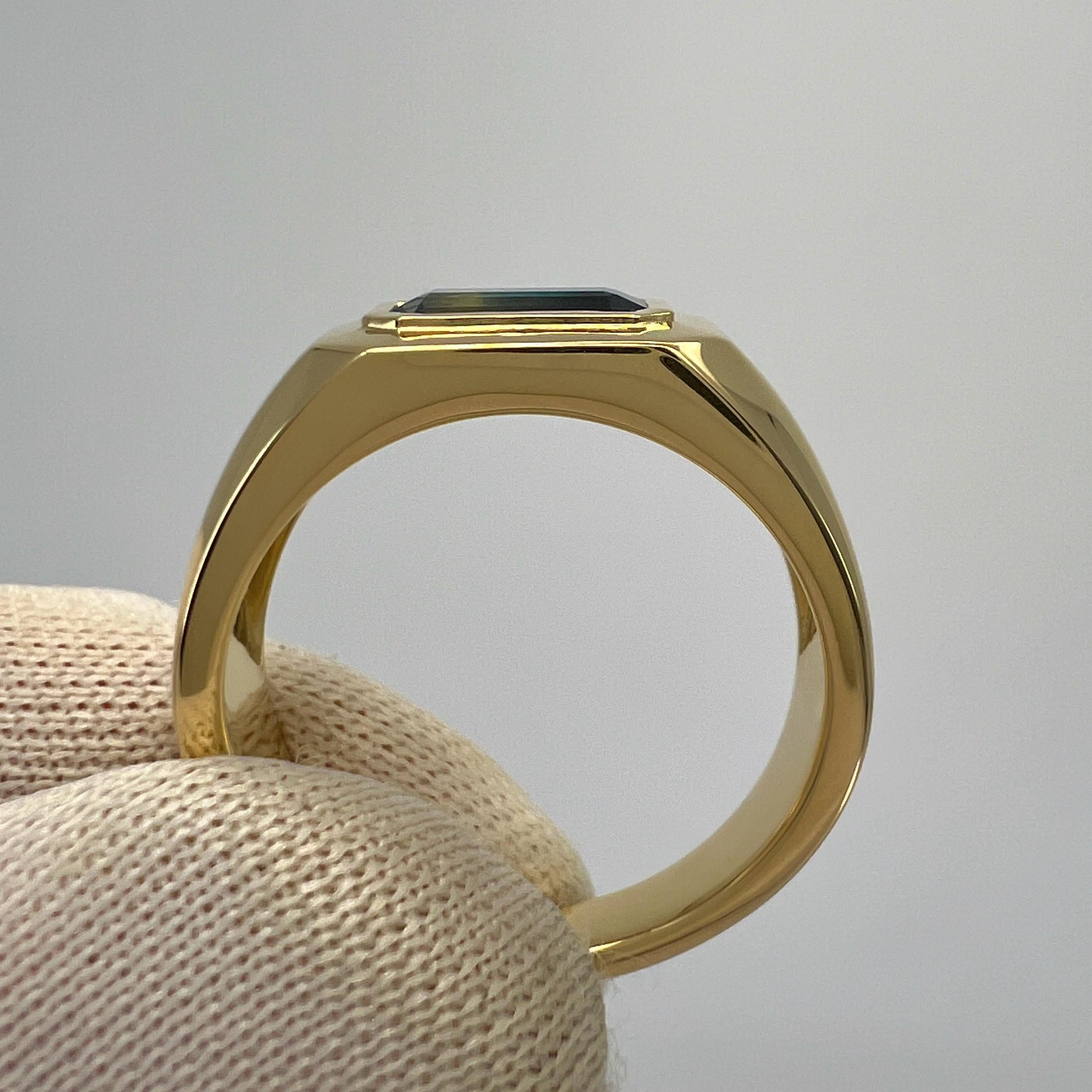 IGI Certified Bi Colour Green Blue Sapphire Emerald Cut 18k Gold East West Ring For Sale 3