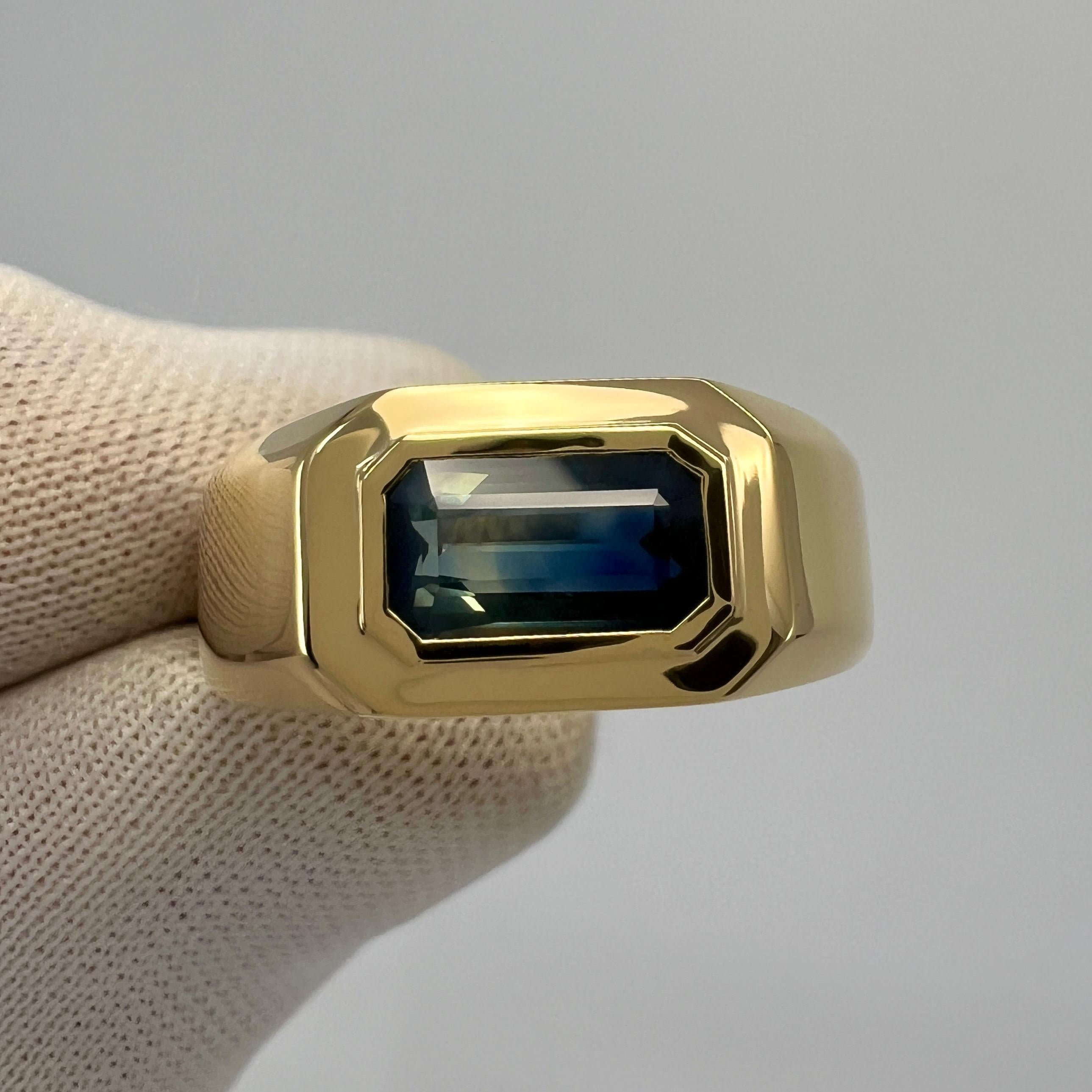 IGI Certified Bi Colour Green Blue Sapphire Emerald Cut 18k Gold East West Ring For Sale 4