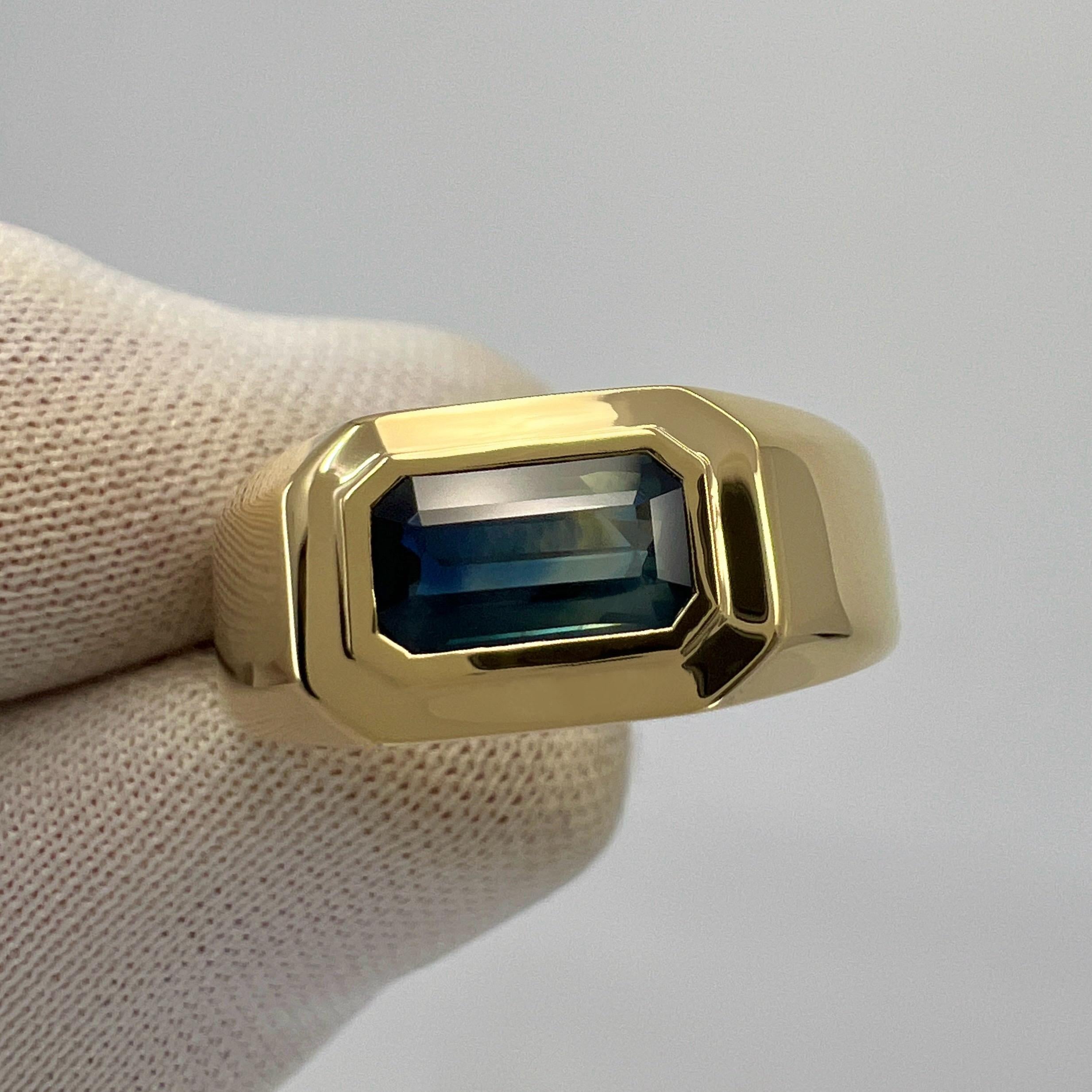 IGI Certified Bi Colour Green Blue Sapphire Emerald Cut 18k Gold East West Ring For Sale 5