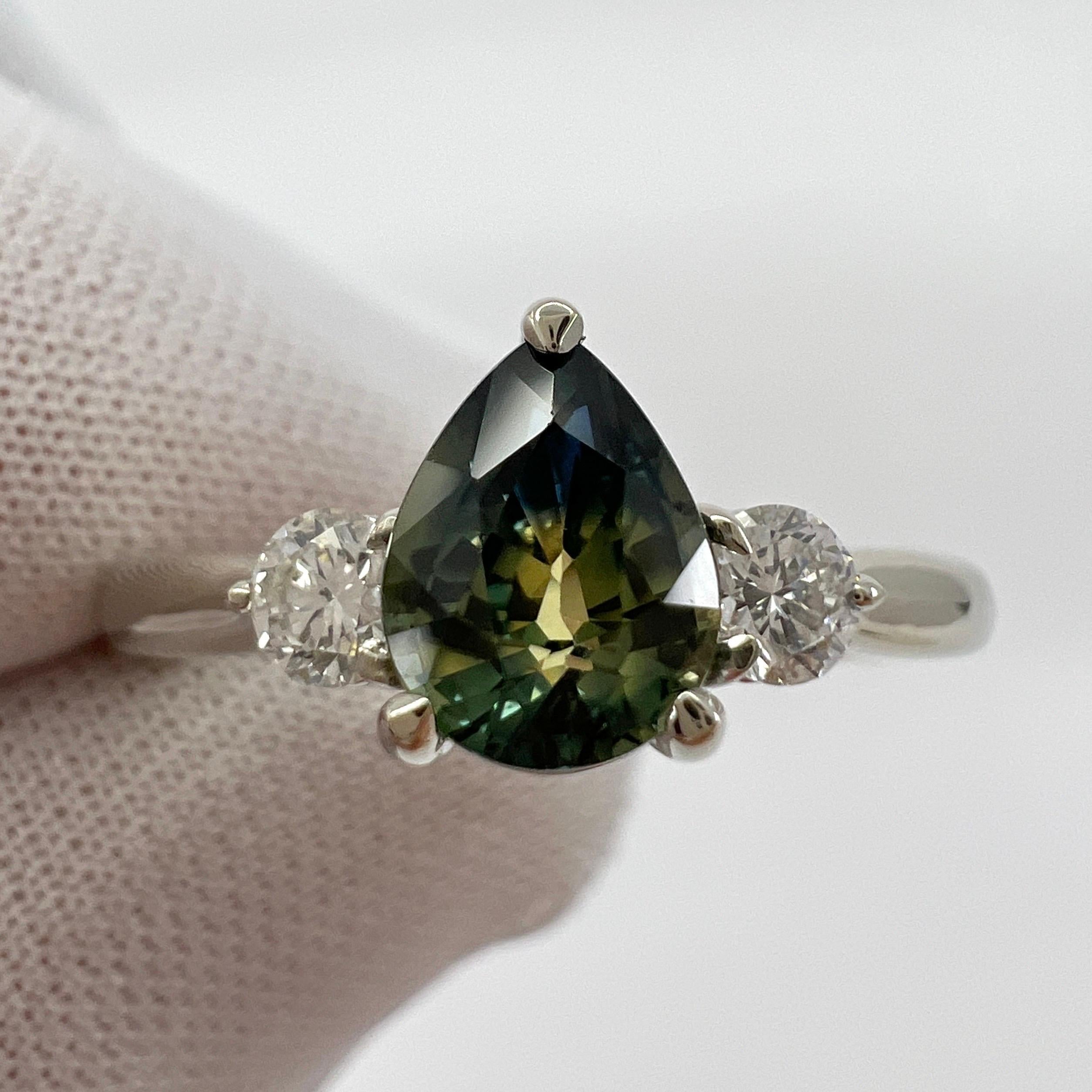 Pear Cut IGI Certified Bi Colour Sapphire Diamond No Heat 18k White Gold Three Stone Ring For Sale