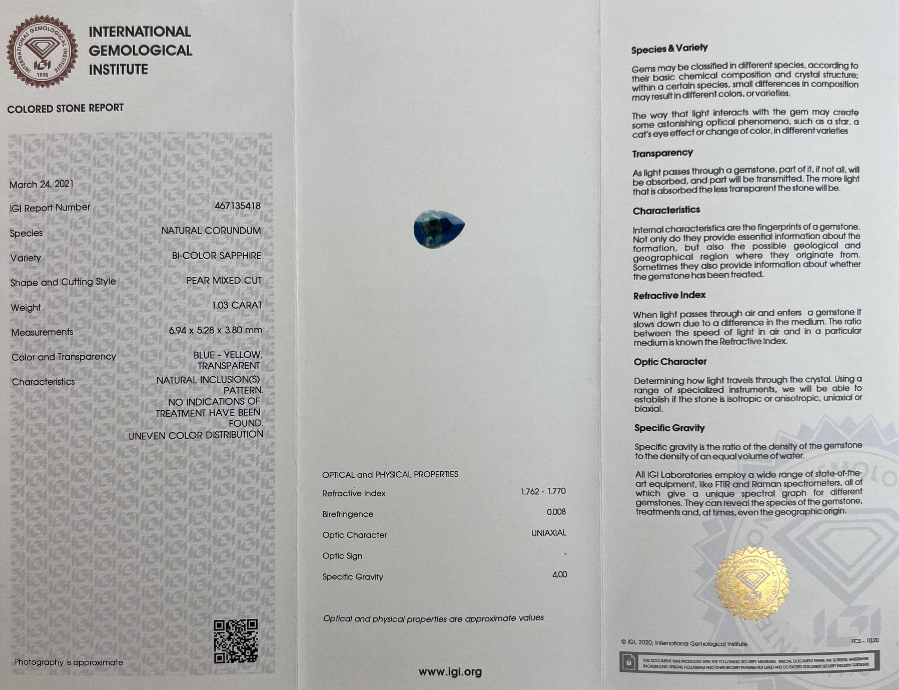 IGI Certified Bi Colour Sapphire Diamond No Heat 18k White Gold Three Stone Ring For Sale 1