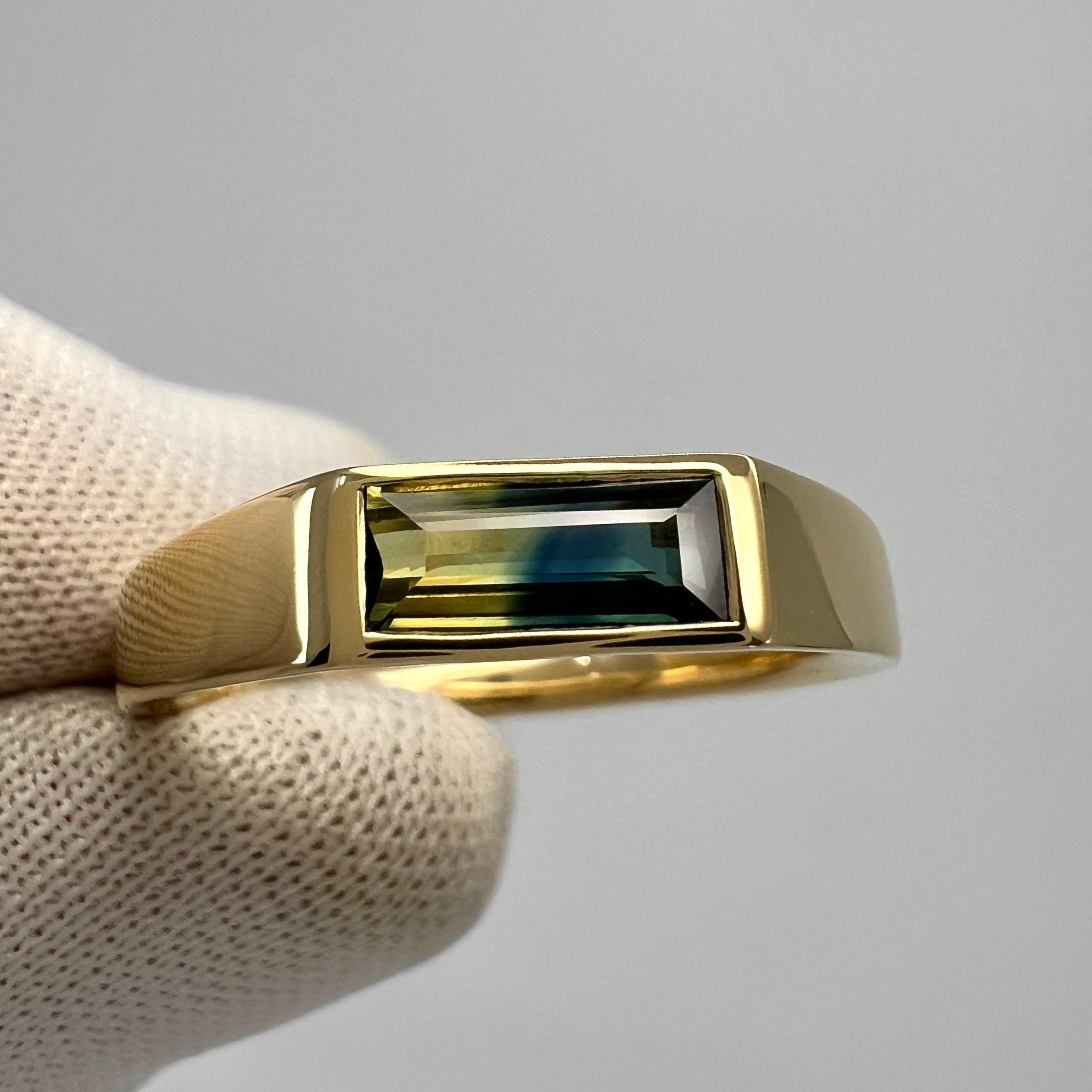 IGI Certified Bi Colour Yellow Blue Sapphire Baguette 18k Gold East West Ring For Sale 7