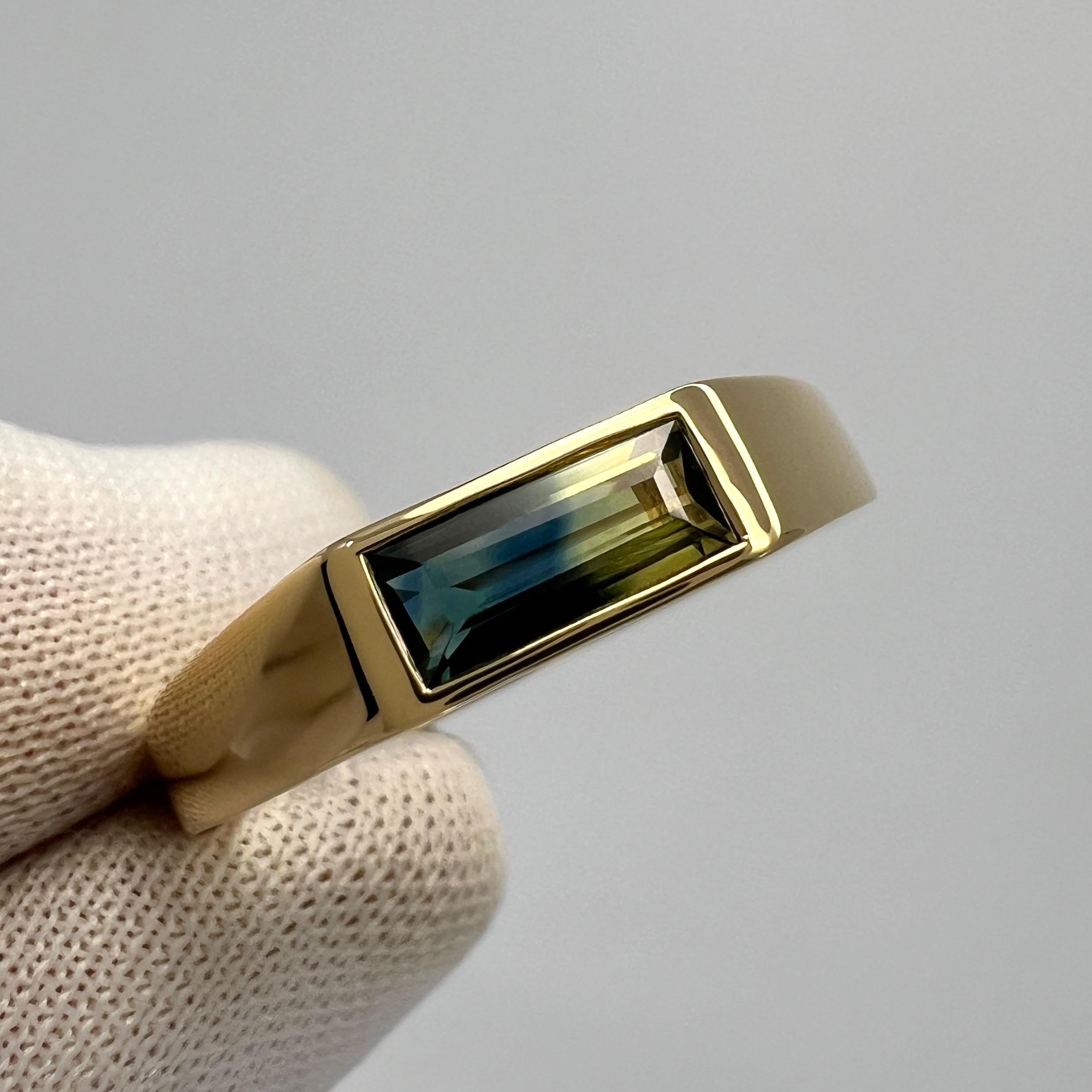 IGI Certified Bi Colour Yellow Blue Sapphire Baguette 18k Gold East West Ring For Sale 4