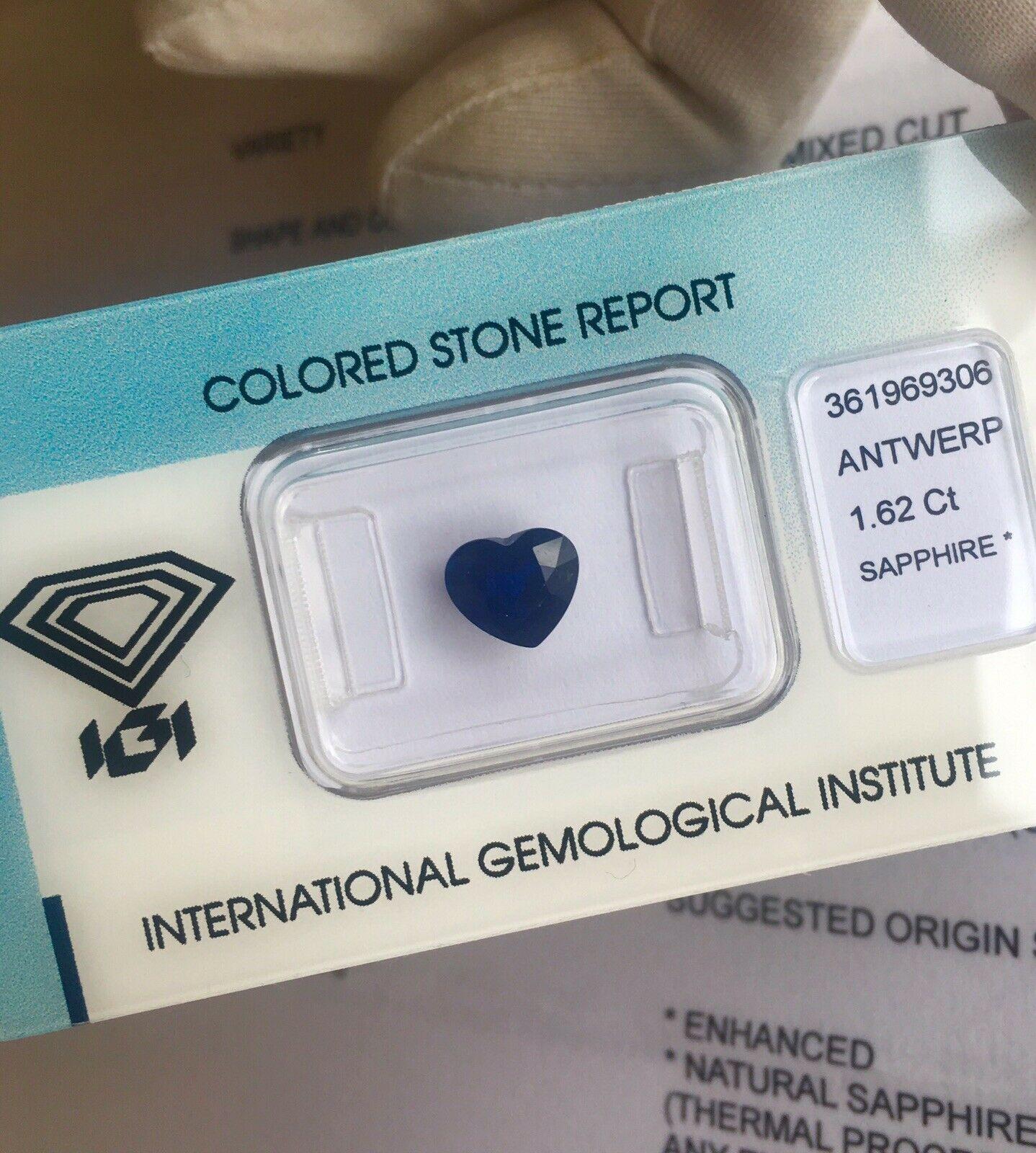 Natural Ceylon Sapphire with a stunning deep blue colour.
1.62 carat stone, with an excellent heart cut. 

Fully certified by IGI in Antwerp, one of the best and most well equipped gem labs.

Standard heated like nearly all sapphire on the market.