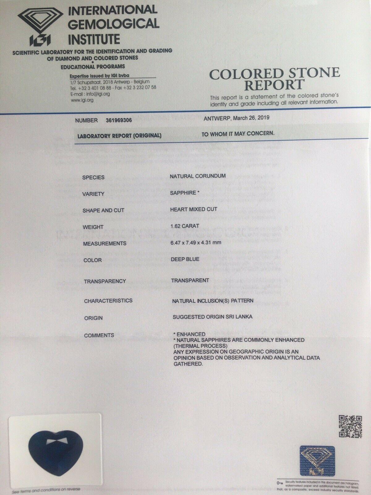 IGI Certified Blue Ceylon Sapphire 1.62 Carat Heart Cut Loose Blister Gem In New Condition In Birmingham, GB