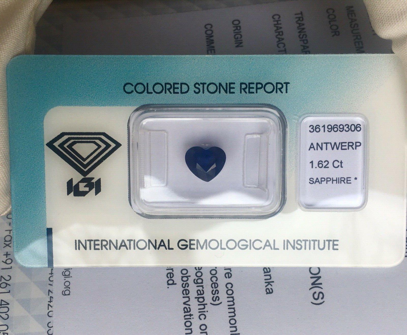 Women's or Men's IGI Certified Blue Ceylon Sapphire 1.62 Carat Heart Cut Loose Blister Gem