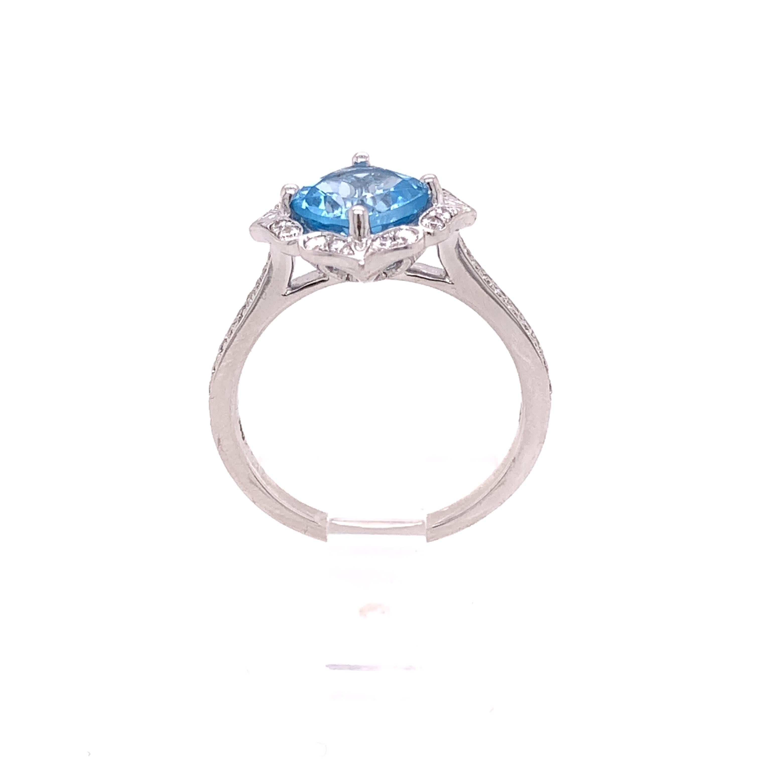Modern IGI Certified Blue Topaz and Diamond 14K White Gold Ring For Sale