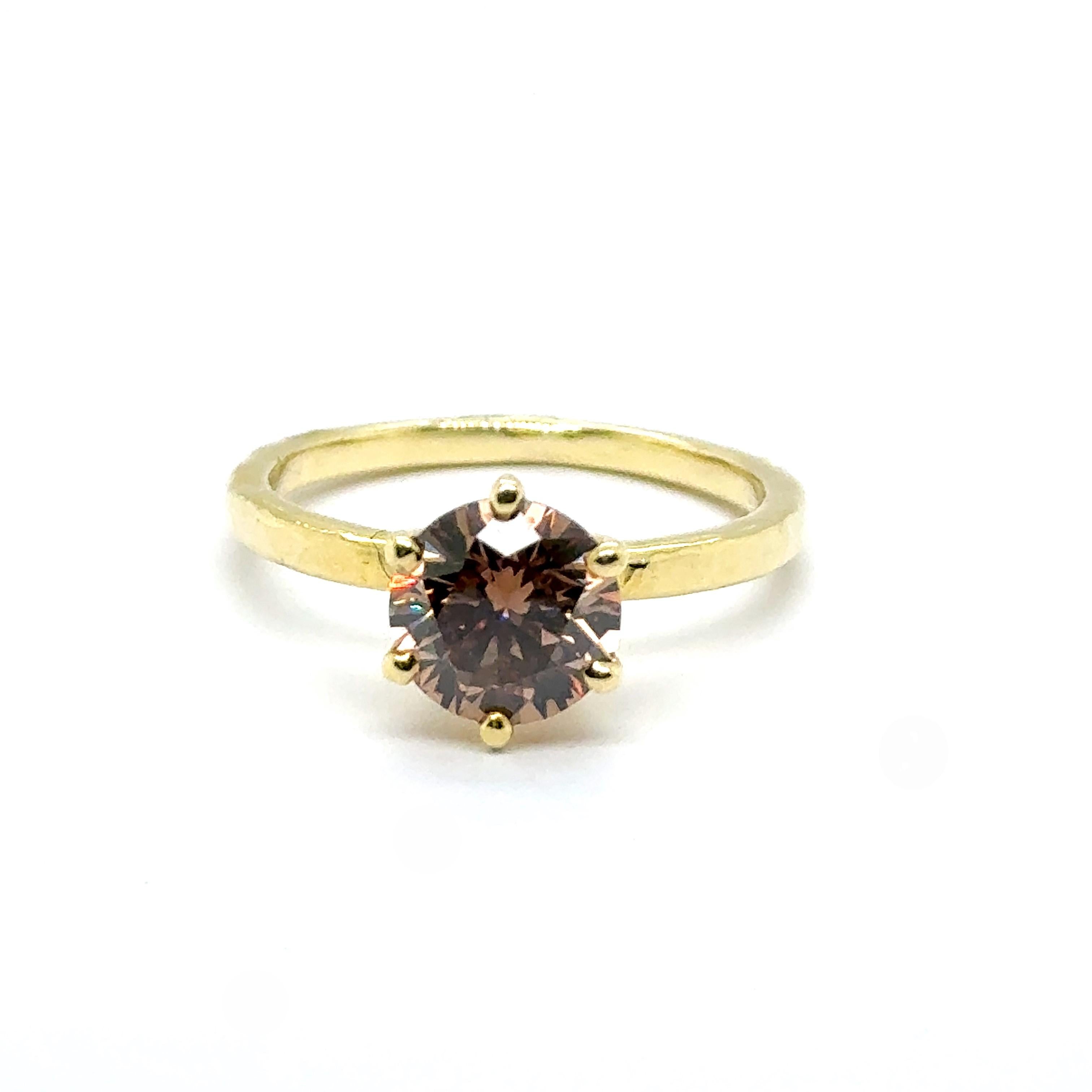 Modern IGI Certified Brown Diamond Ring in 14 Karat Yellow Gold For Sale