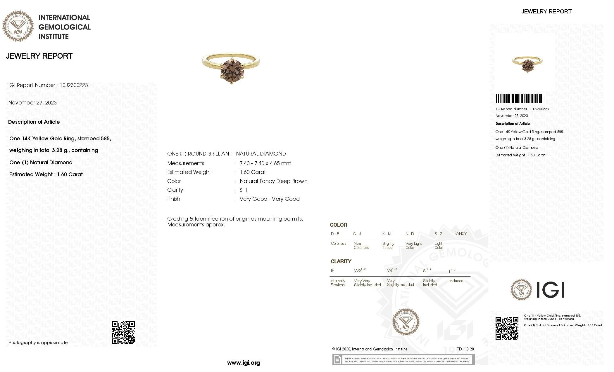 IGI Certified Brown Diamond Ring in 14 Karat Yellow Gold In Excellent Condition For Sale In Lucerne, CH
